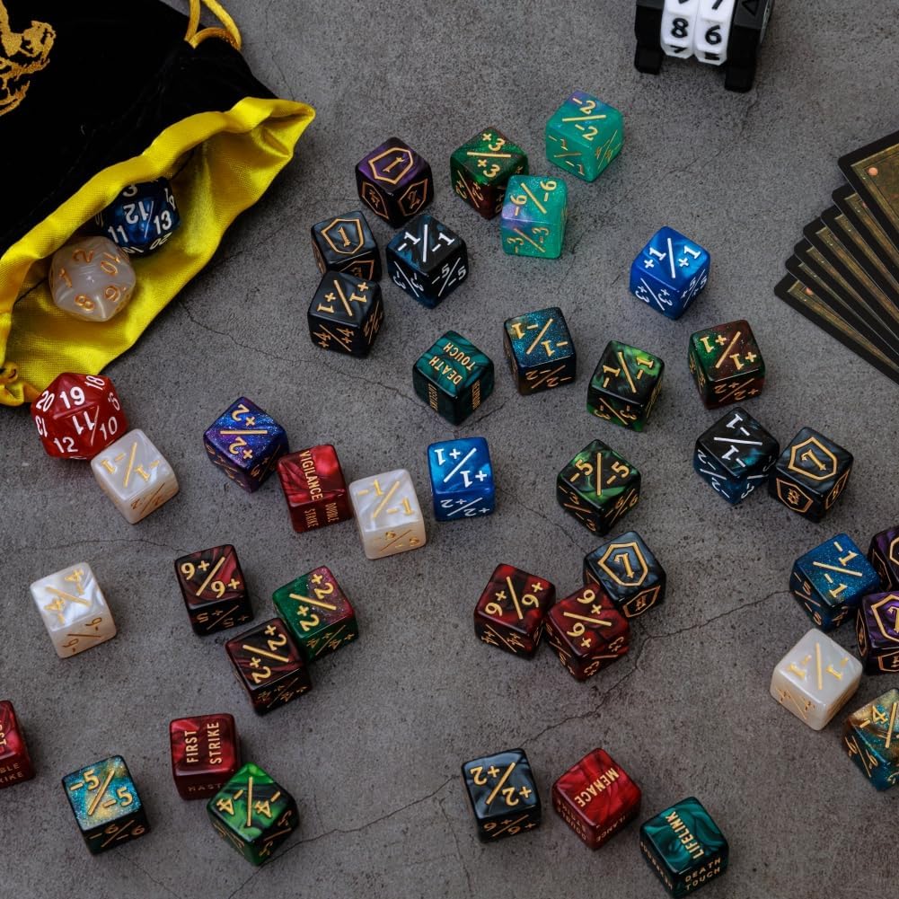 79 Pcs MTG Dice Set in 12 Colors with Plus 1 Life Counter Dices, Buff Ability Keyword Tokens, Shield and Spindown Dice, Life Counter Wheel Bag For MTG, TCG, Cards Gaming Accessories (Black and Purple)