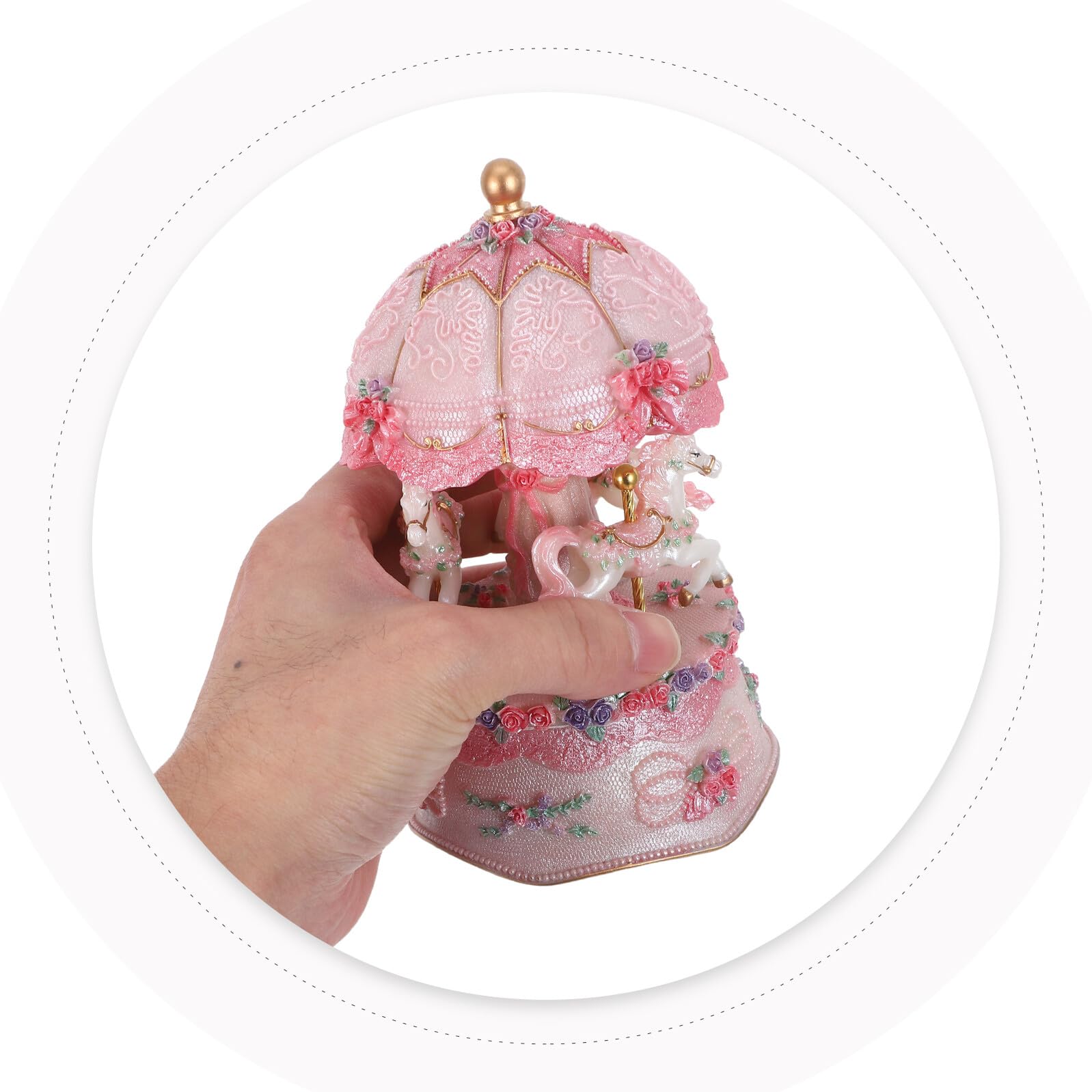 Ipetboom Carillon Giostra Rotante Vintage in Resina Rosa con Cavalli | Melodie Classiche Rilassanti, Luce LED Integrata, per Natale e Compleanno, Idea Regalo per Ragazze