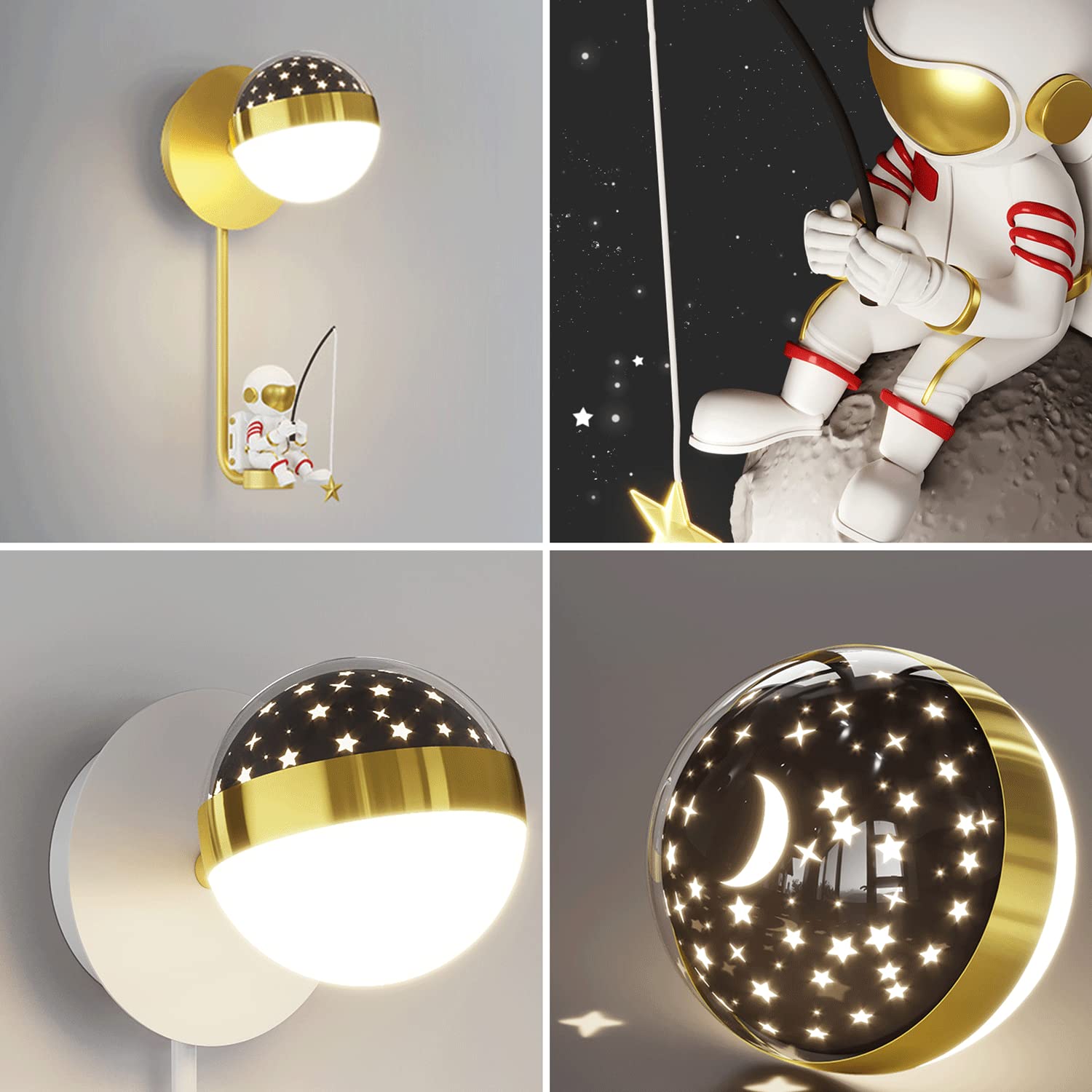 Astronauta lampa ścienna w stylu kreskówkowym, metalowa lampa z kulistym kloszem, nowoczesne oświetlenie LED - 5 W, 3 tryby kolorów, lampka nocna do pokoju dziecięcego