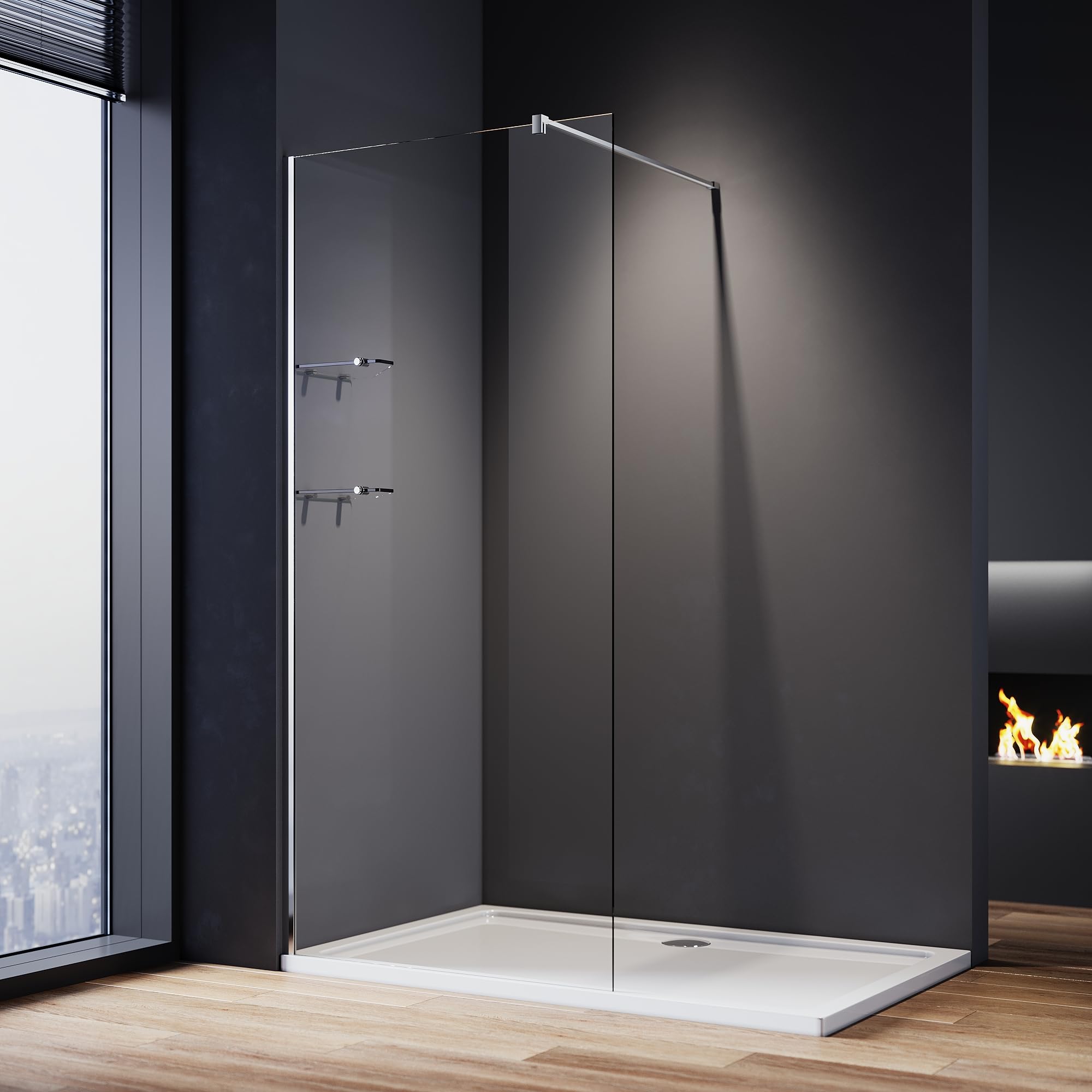 ELEGANT Walk in Shower Enclosure with Two Shelves Tempered Glass for Shower Cubicles Wet Room Shower Screen Bath 760mm