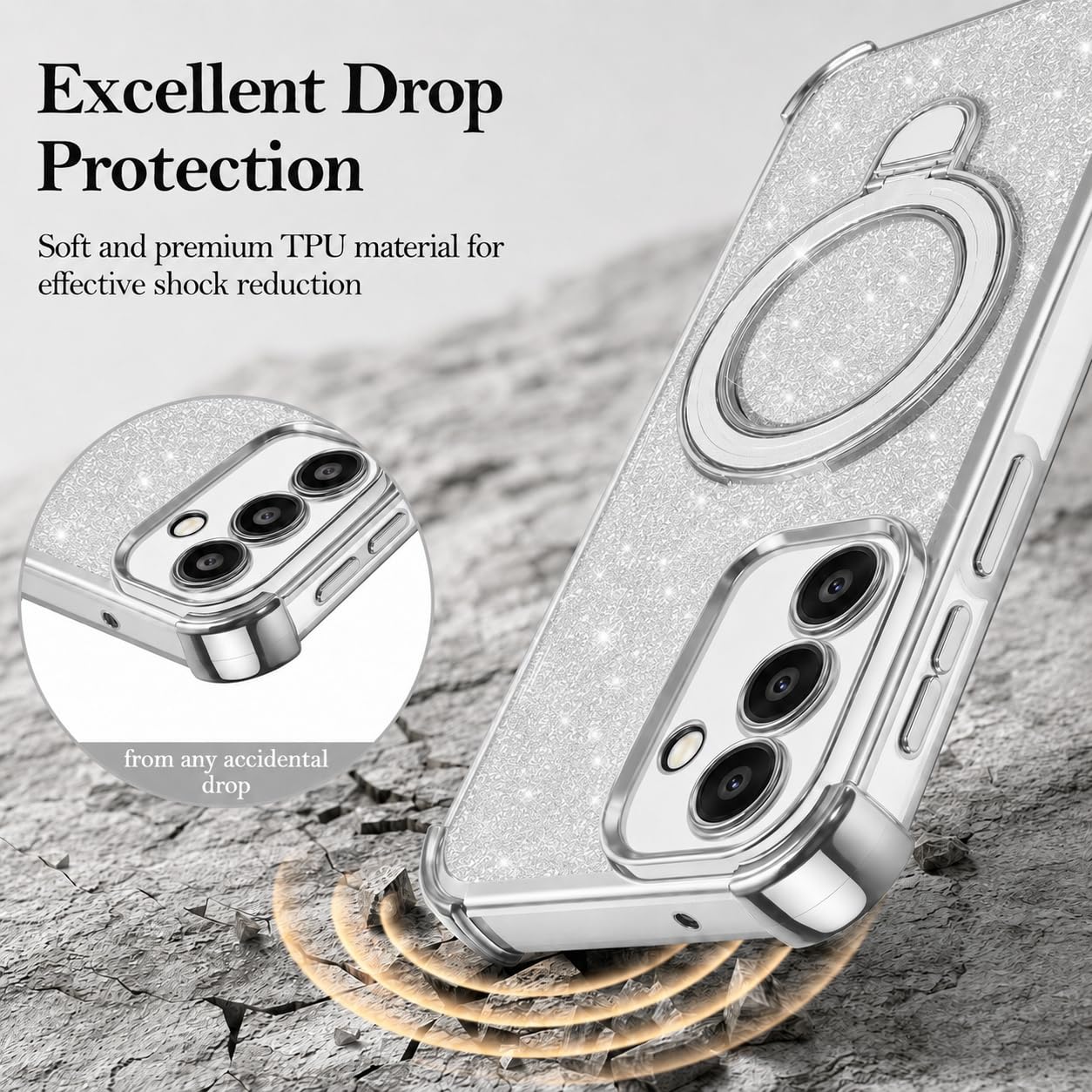 Mobigon Glitter Phone Case Compatible with Xiaomi Redmi Note 14 4G (Not 5G), Magnetic Ring Stand Shockproof Cover, Clear Soft TPU Bumper with Full Camera Protection - Silver
