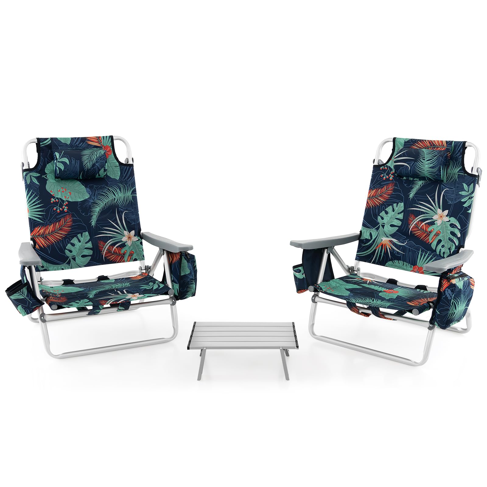 GYMAX Beach Chairs, Backpack Camping Chair with Armrest, Cooler Bag, Cup Holder, Towel Bar & Side Pockets, Sunbath Sling Tanning Lounge, Folding