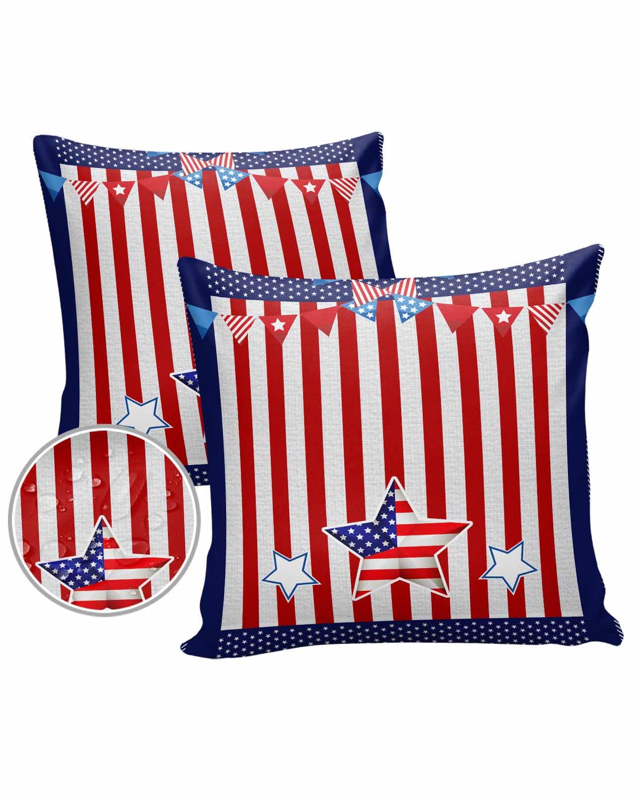 Boanket Outdoor Pillow Covers 18 x 18 in, Red Striped 4th of July Waterproof Throw Pillow Cover Set of 2, Independence Day Blue Star Home Decorative Square Cushion Covers for Patio/Tent/Couch/Garden