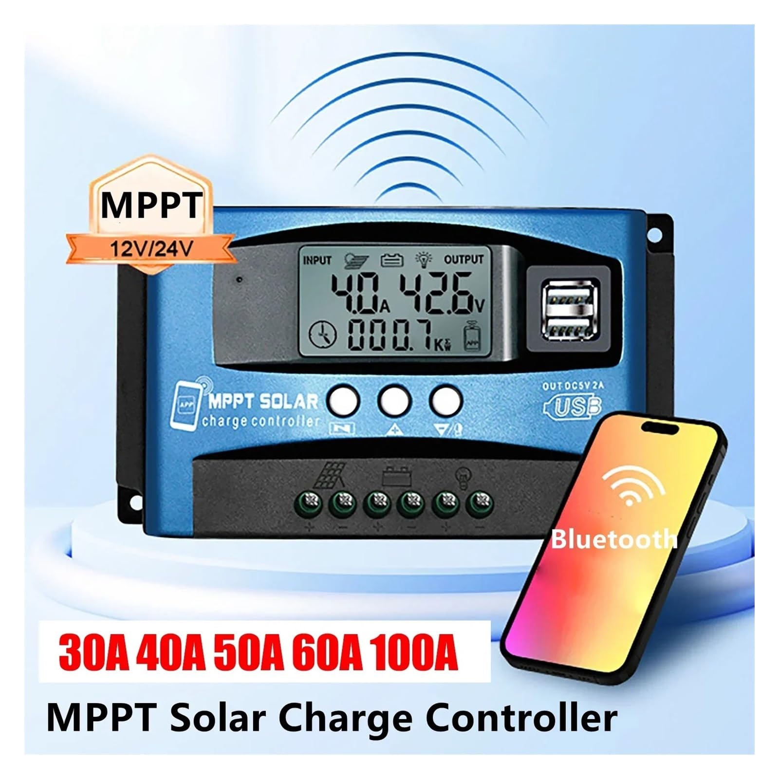 Kontroler ładowania słonecznego, MPPT Regulator Ładowania Słonecznego 30A-100A Bluetooth I WIFI Podwójny Wyświetlacz LCD USB 12V 24V Panel Ogniw Słonecznych Ładowarki Z Obciążeniem(12V24V BT,30A)