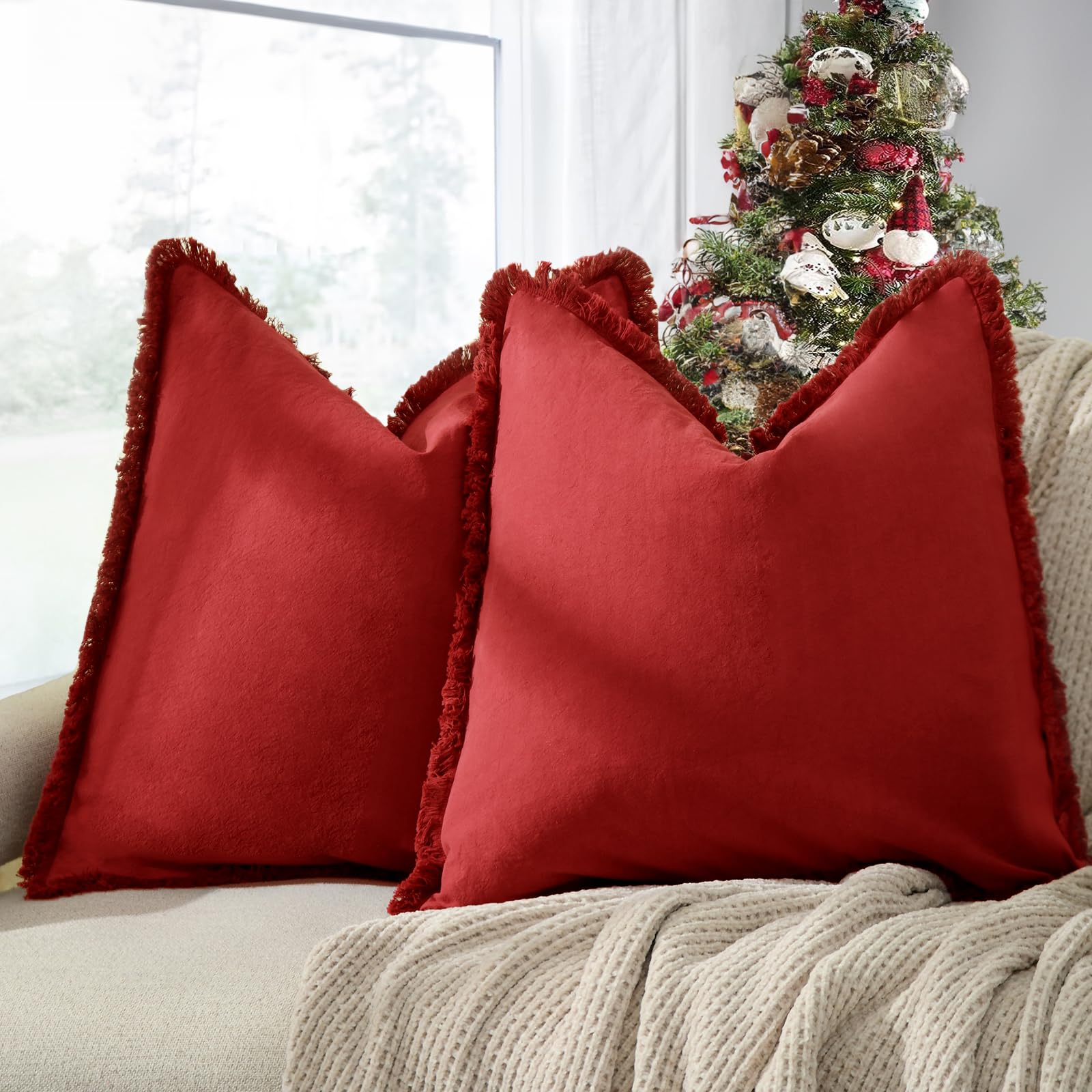 ZWJD Red Pillow Covers 20x20 Set of 2 Throw Pillows with Fringe, Chic Cotton Decorative Square Cushion Covers for Sofa, Couch, Bed, Living Room,