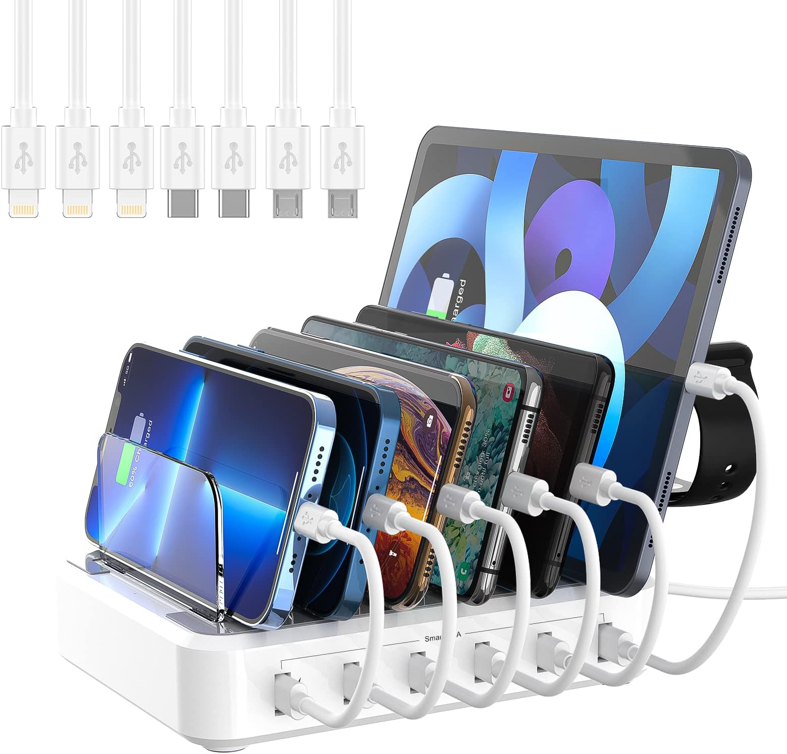 Charging Station for Multiple Devices,60W 6 Port USB Charging Station，8 Short Charging Cables and iWatch Holder Included for iPhone iPad,Tablets