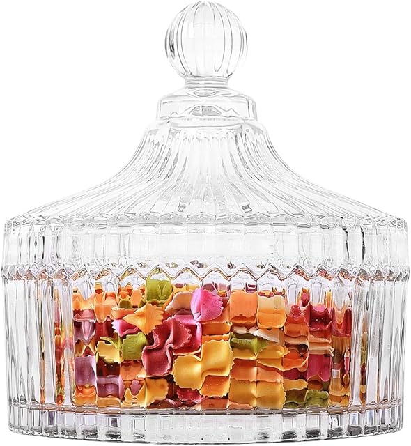 ComSaf Glass Candy Sweet Jar with Lid, Crystal Bon Bon Jar Covered Sugar Bowl Small Decorative Cookie Dish Buffet Storage Container Clear for Party Wedding Christmas Gift (Diameter: 13.5CM)