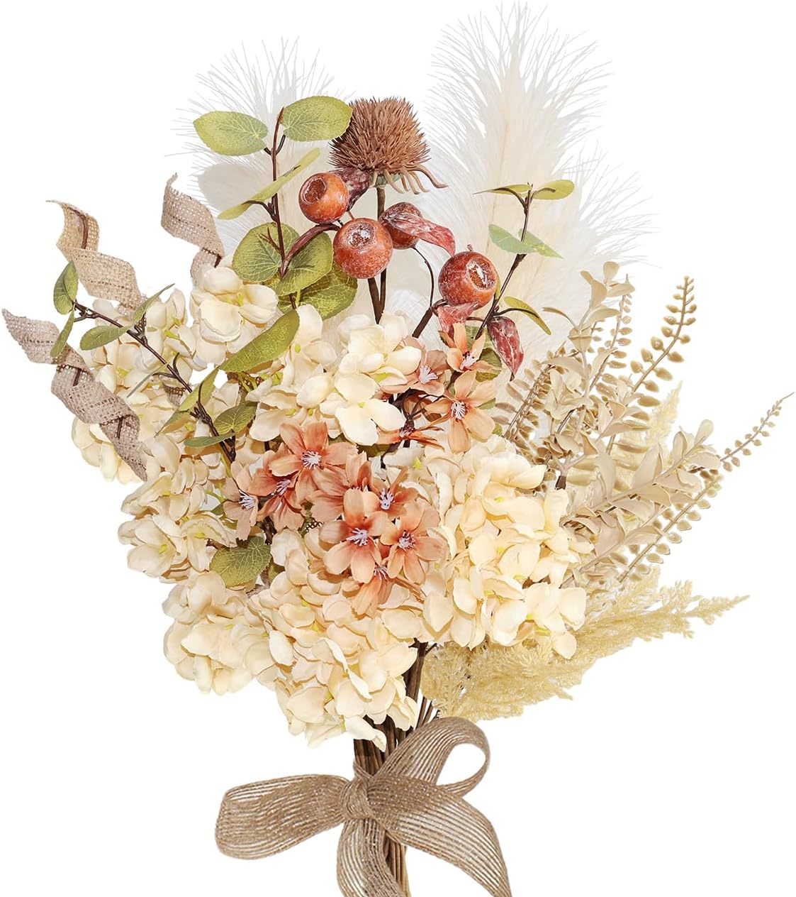 28Pcs Boho Artificial Dried Hydrangea Flower Bouquet with Berries, Burlap & Pampas, Green Ombre Leaves, Fake Fall Winter Thanksgiving Harvest Floral Arrangement for Vase Centerpieces, 17"