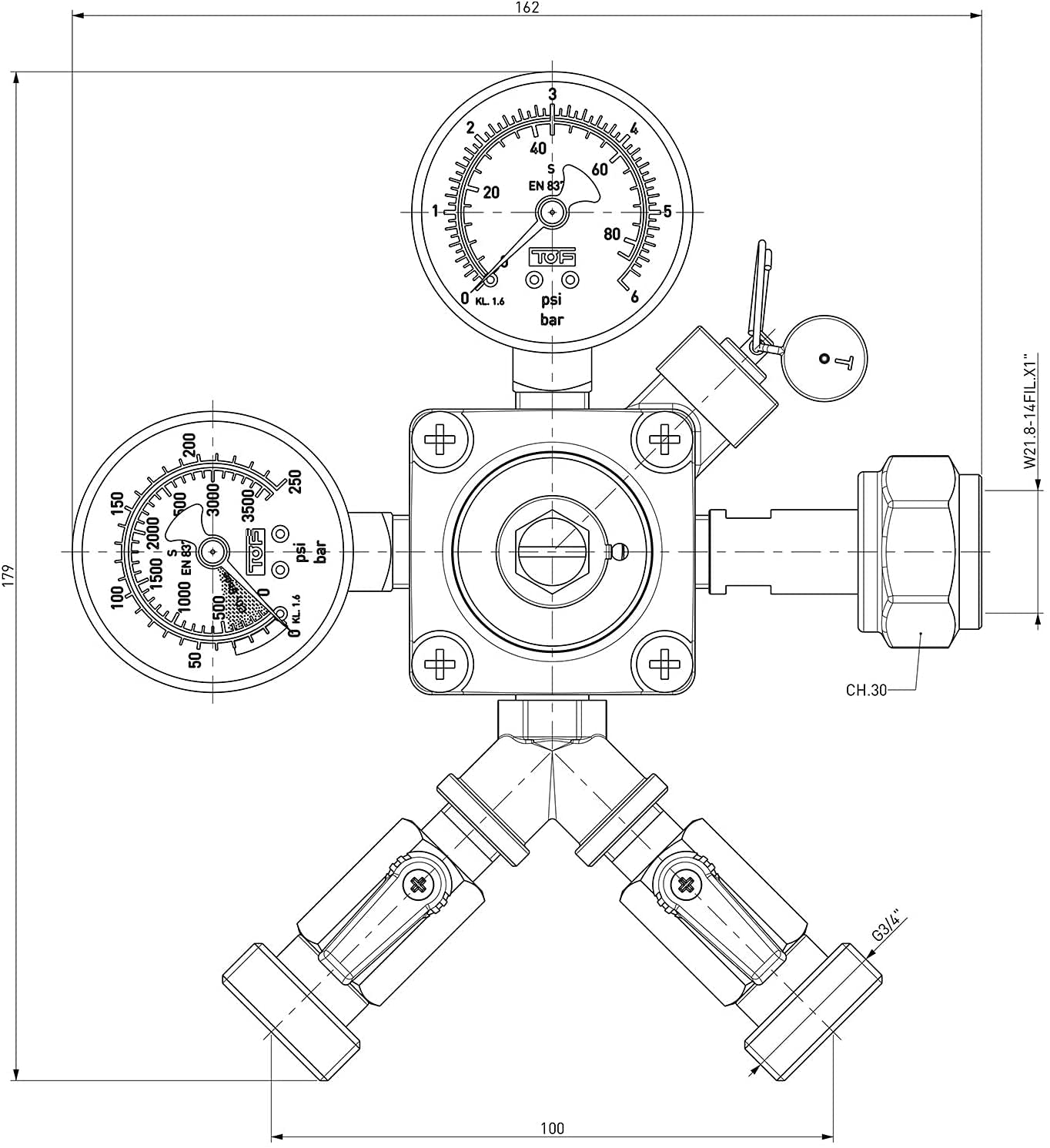 ich-zapfe CO2 Druckminderer für Zapfanlage, Präziser Regler für Bierzapfanlagen, Kohlensäure, mit Manometer, Druckminderer CO2, Hochwertig und Zuverlässig, Perfekt für Bier und Getränke (2-leitig)