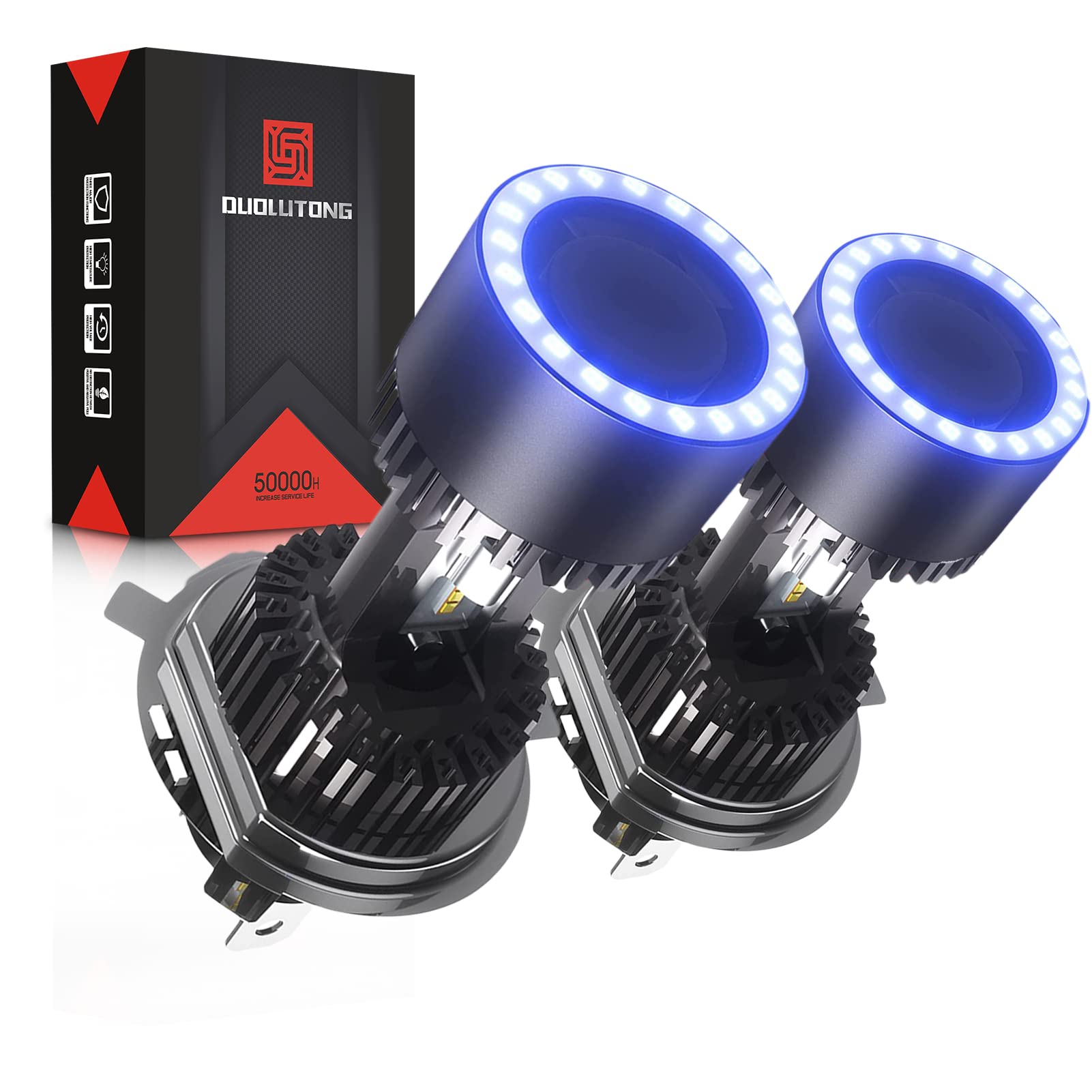 Duo Lu Tong H4/HB2/9003 LED Motorcycle Light, Angel Eye Changeable, H4 LED hi/lo Beam Conversion Kit, 60W 6000K Cool Wihte, 8000LM Super Bright Cars/Motorcycles Headlamp Bulb, 2 Pack