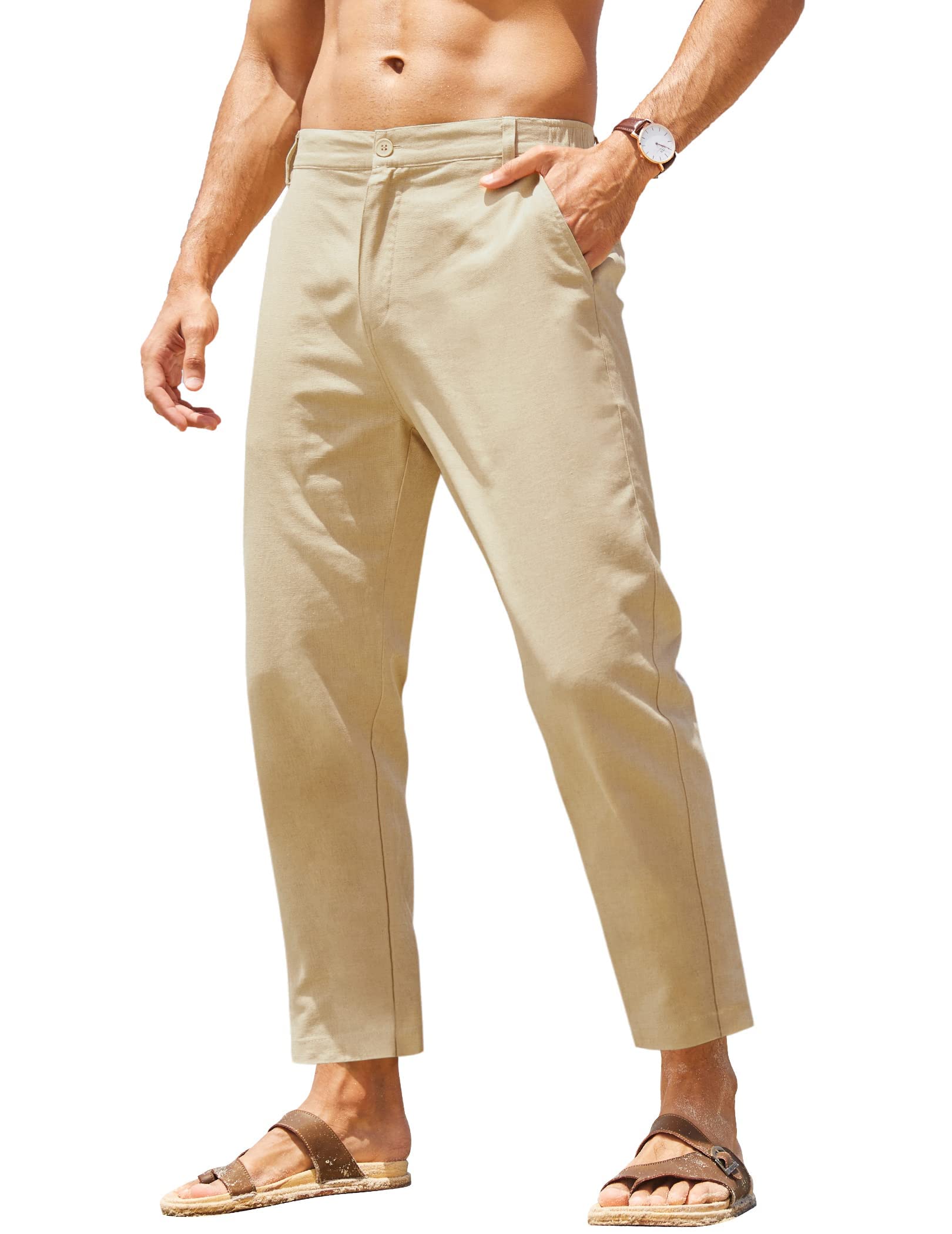 Men's Cotton Linen Pants Elastic Waist Lightweight Casual Pants Relaxed Fit Yoga Beach Pants with Pockets
