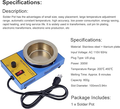 Miniatura 9 de Olla de soldadura 300 W 3.937 in Soldadura Olla de fusión Soldadura Desoldadora Placa de baño 200 ~ 842.0 °F (enchufe de 110 V EE. UU.)