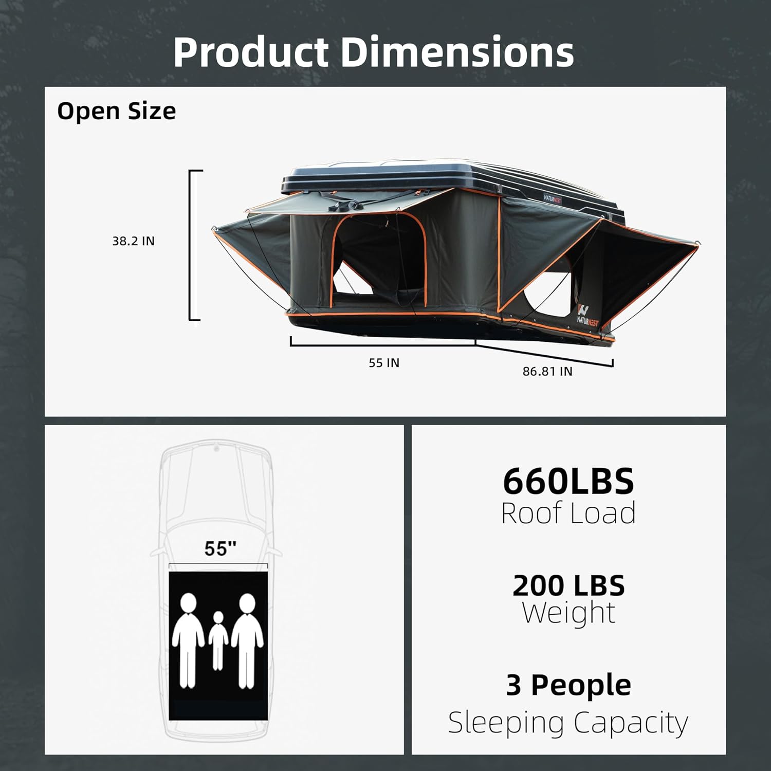 Naturnest Rooftop Tent Hard Shell, Great View and Ventilation Tent for 2 Person Camping, Waterproof UV-Resistant Blackout Privacy 4 Season Tent for Truck, Jeep, SUV, Van, Trailer - Orion 1