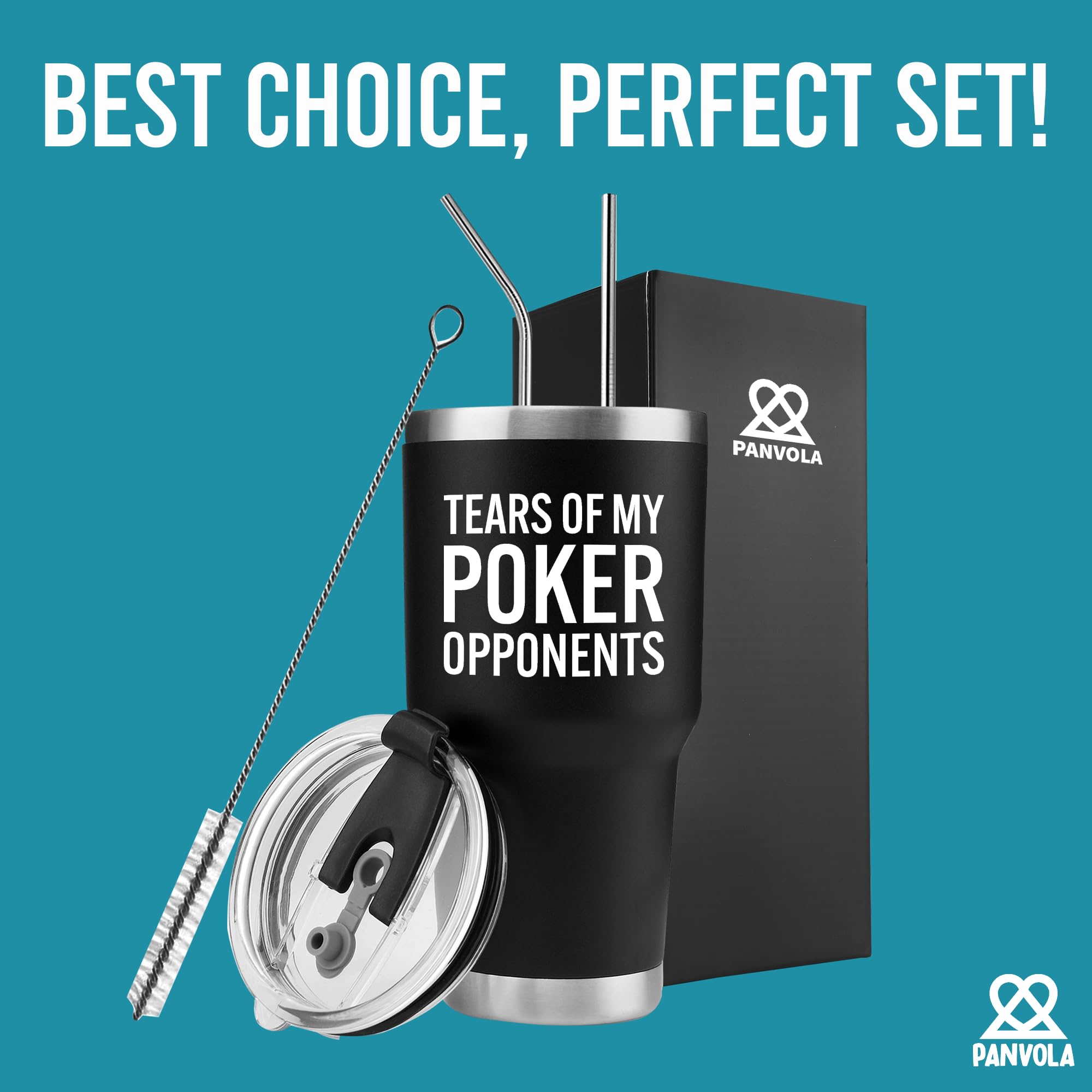 Panvola Tears of My Poker Opponents Funny Gifts for Poker Lovers Players Coworker Friends Card Games Vacuum Insulated Tumbler With Stainless Steel Straw And Removable Lid (Black, 30 oz)
