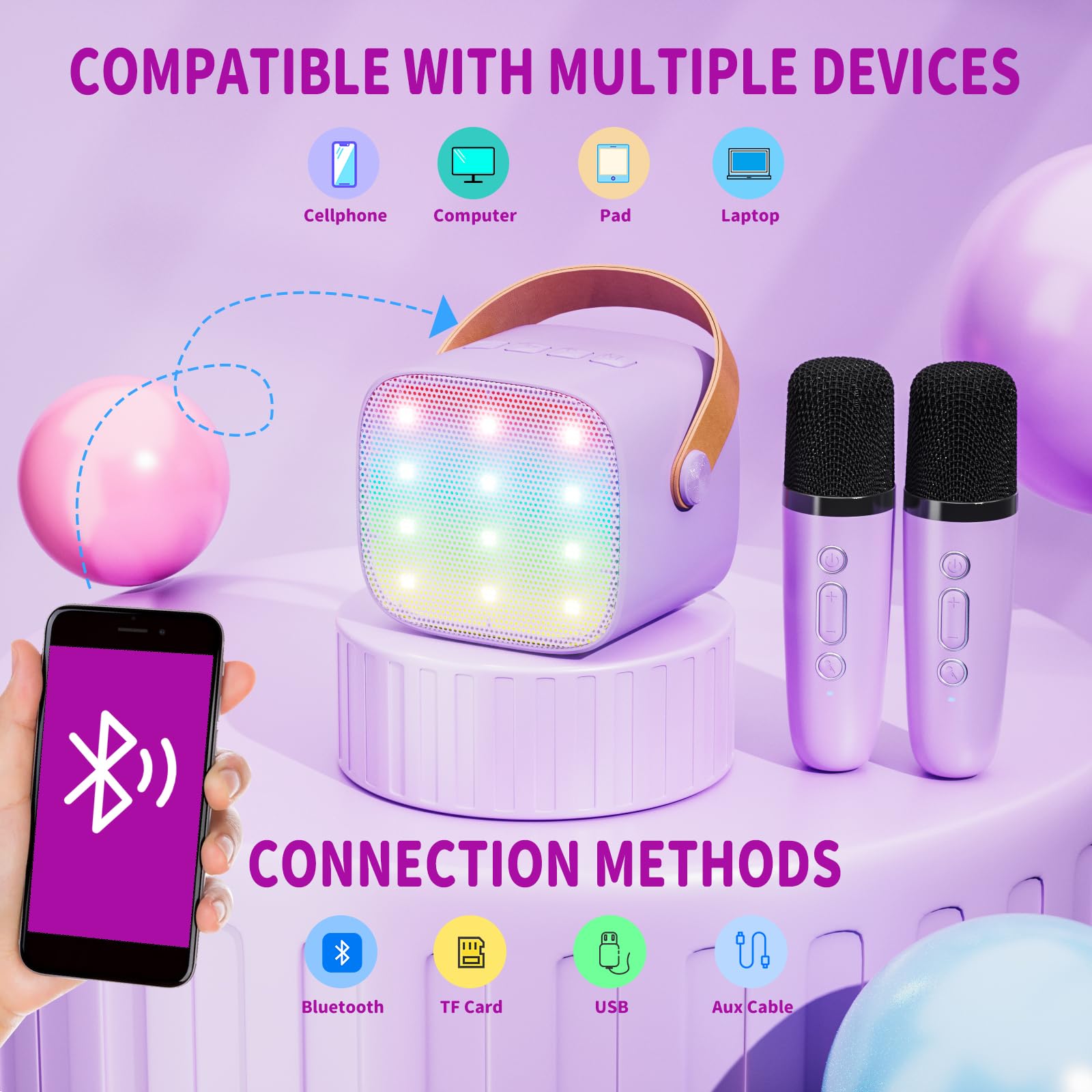 Ankuka Karaoke per Bambini Karaoke con Microfono Karaoke Cassa Bluetooth con 2 Microfoni, Regalo Bambina Giochi Bimba Regalo Compleanno per 3, 4, 5, 6, 7, 8, 9,10,11,12+ Anni (Viola)