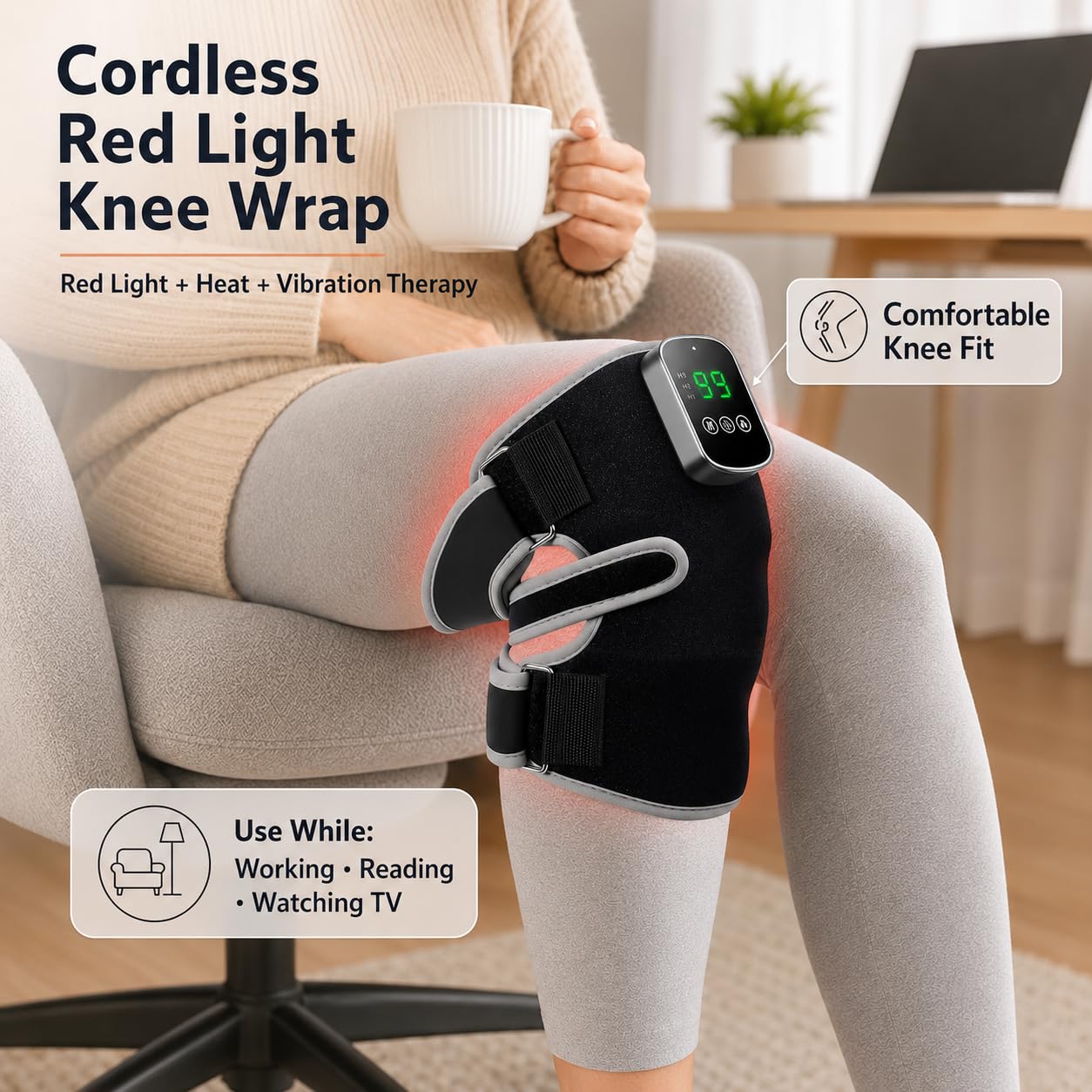 Terapia de luz roja inalámbrica para rodilla con calor y vibración, 60 LED calefactada 3 en 1, 660 nm y 850 nm infrarrojo para comodidad y alivio de las articulaciones, 5000 mAh recargable, se