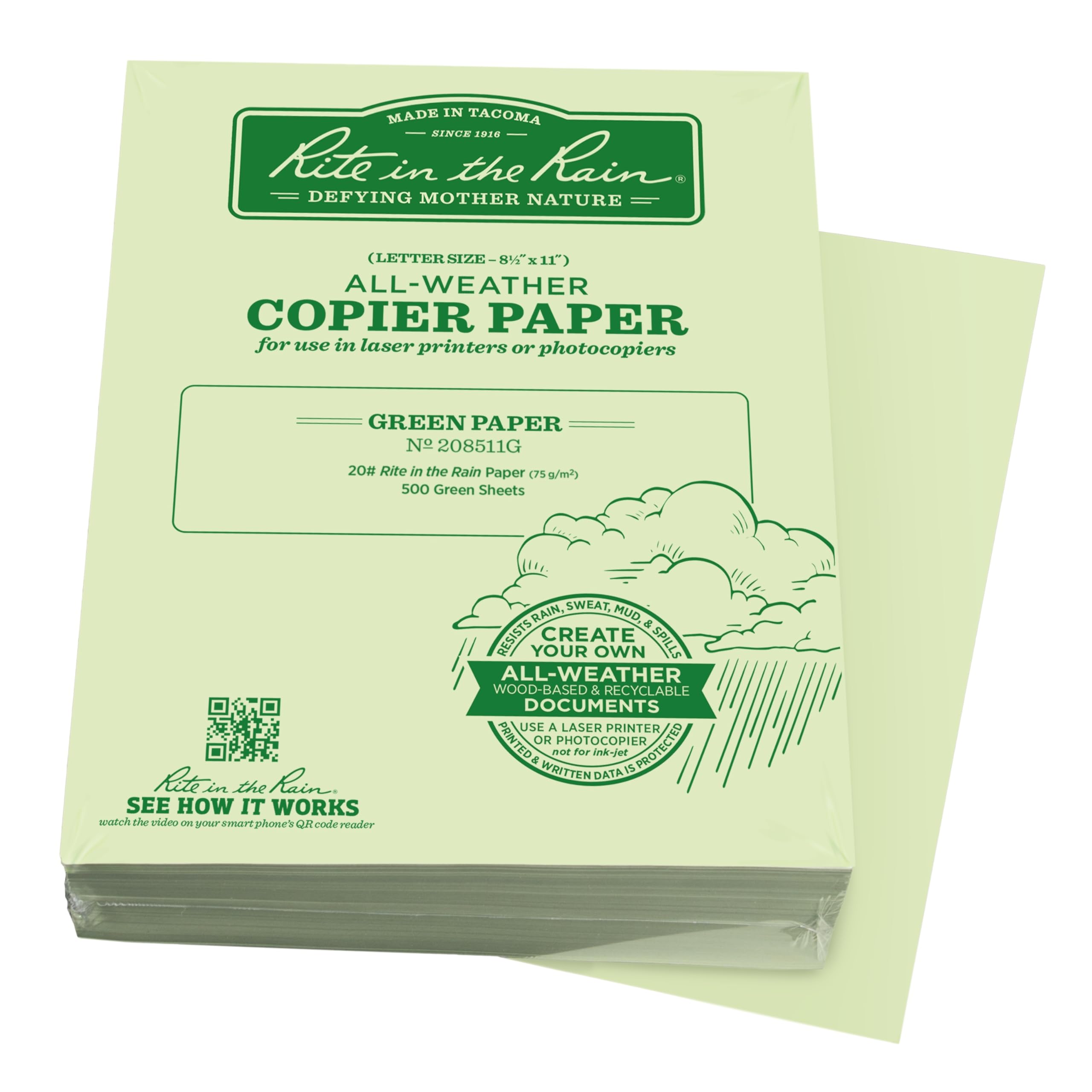 Rite in the Rain Weatherproof Bulk Copier Paper, 8.5" x 11", 20# Green, 500 Sheet Pack (No. 208511G)