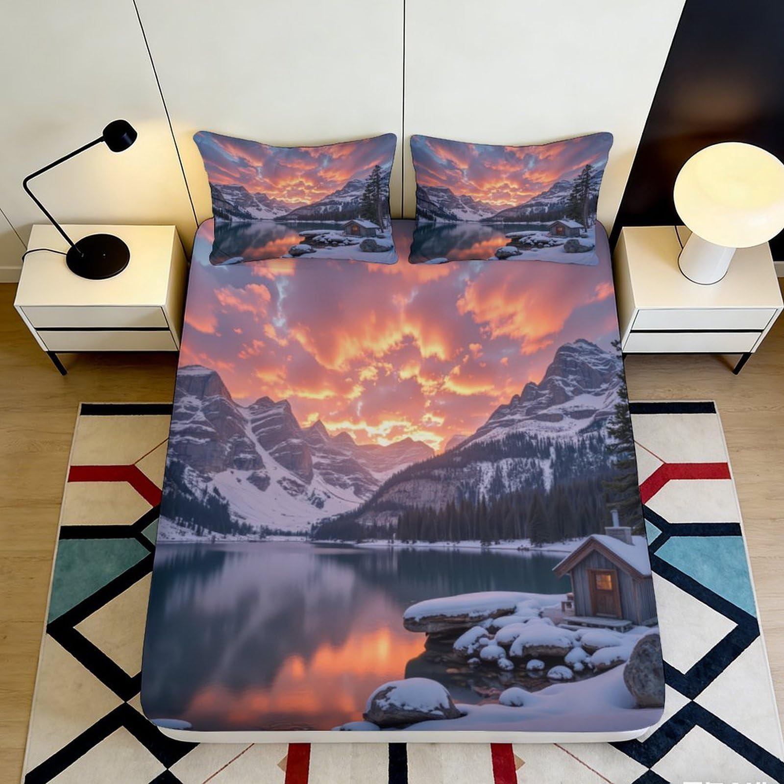 3D Printed Sunset Mountain Landscape Fitted Sheet Microfiber Anti-Slip Bed Cover for Bedroom Guest Room Decor 90x200x25cm