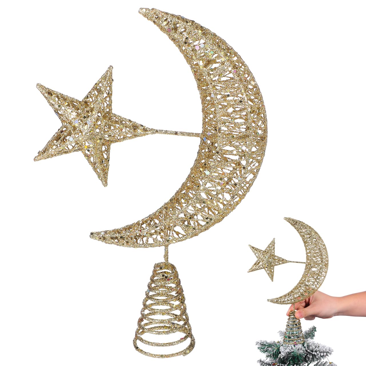 Angoily Cimier de sapin de Noël, étoile et lune à paillettes, décoration de sapin de Noël en fer pour fête de vacances, décoration d'intérieur, doré, 30 cm