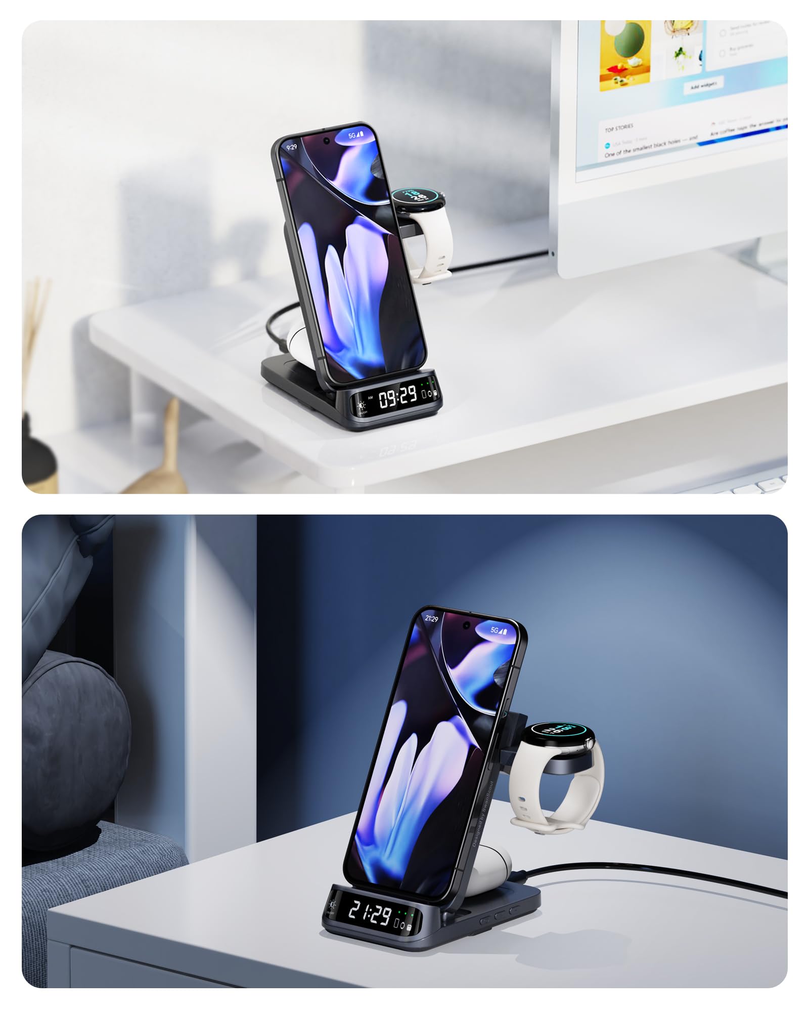 SwanScout Caricatore Wireless per Pixel Watch 3/2/Fitbit Versa 4/3, Stazione di Ricarica 3 in 1 per Google Pixel 9 Pro Fold/9/Fold/8/7/7a/6, SwanScout 708G2 (Non per Pixel Watch 4/1)