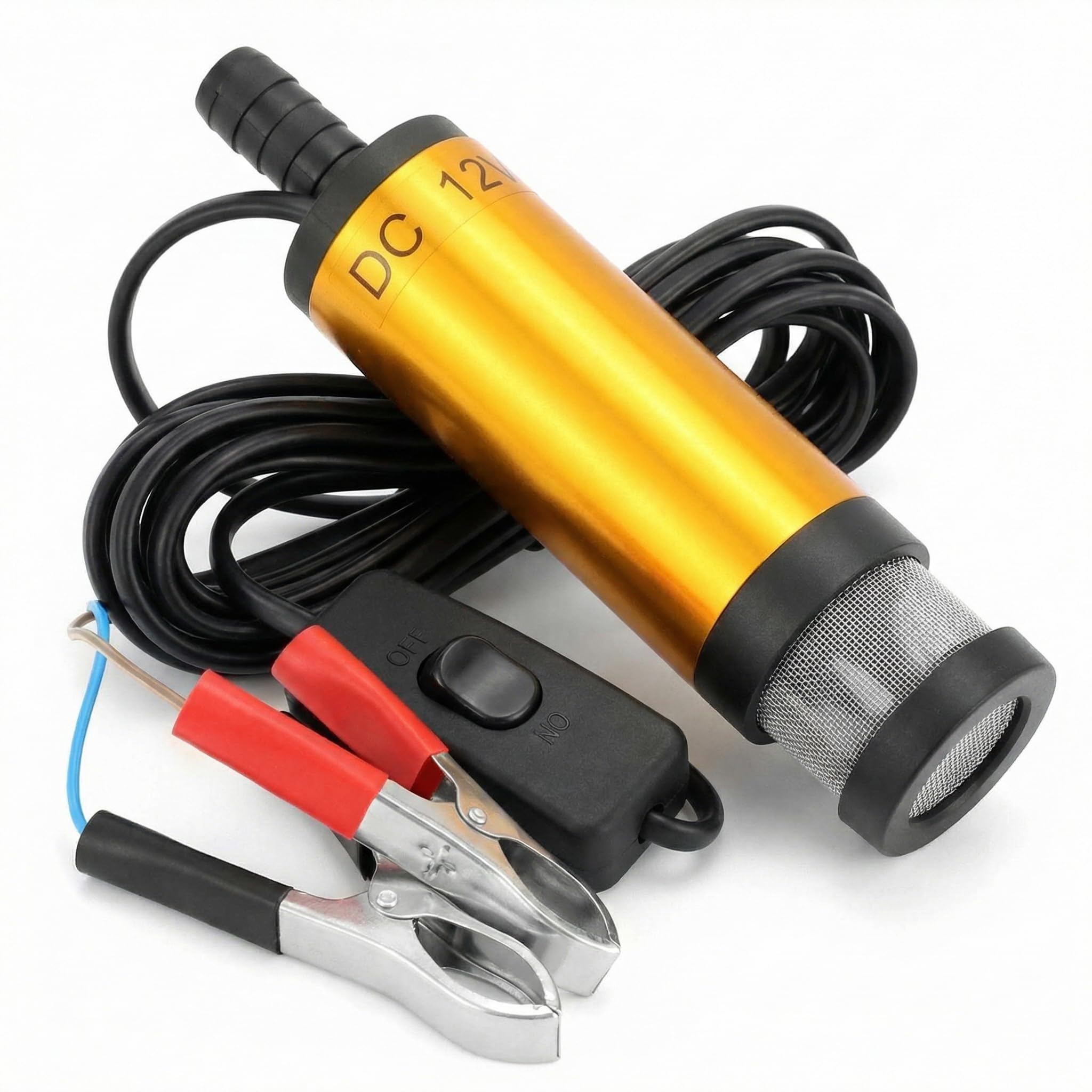 QWORK® Pompa wodna 12V 38MM, pompa wysokoprężna z zaciskiem, stal nierdzewna, kabel zasilający 3M, do oleju napędowego, nafty, wody