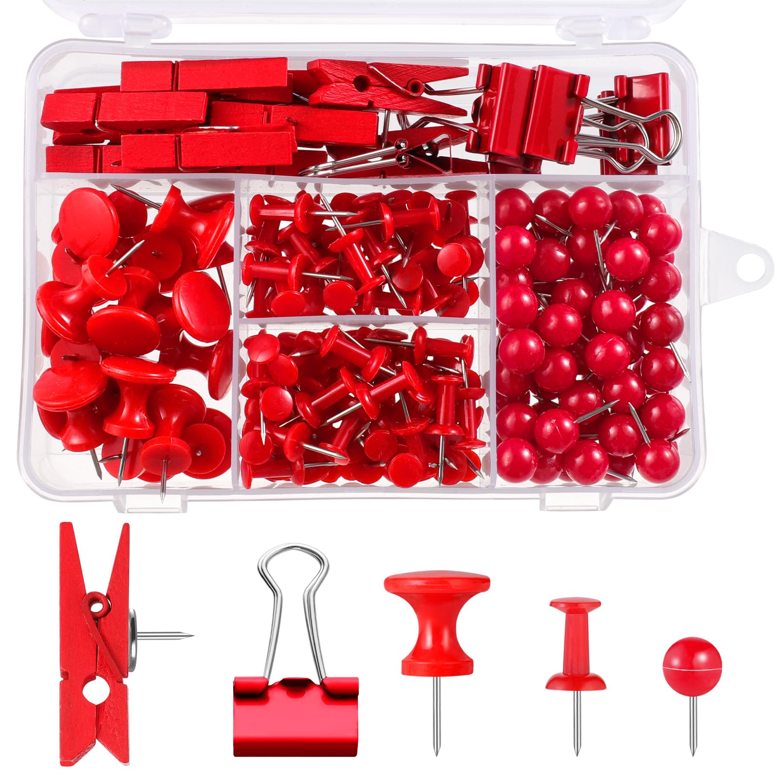 BESARME 200 Pieces Red Push Pins, 5 Style Thumb Tacks Decorative Pins for Cork Board Bulletin Wall Craft Office Home Supplies