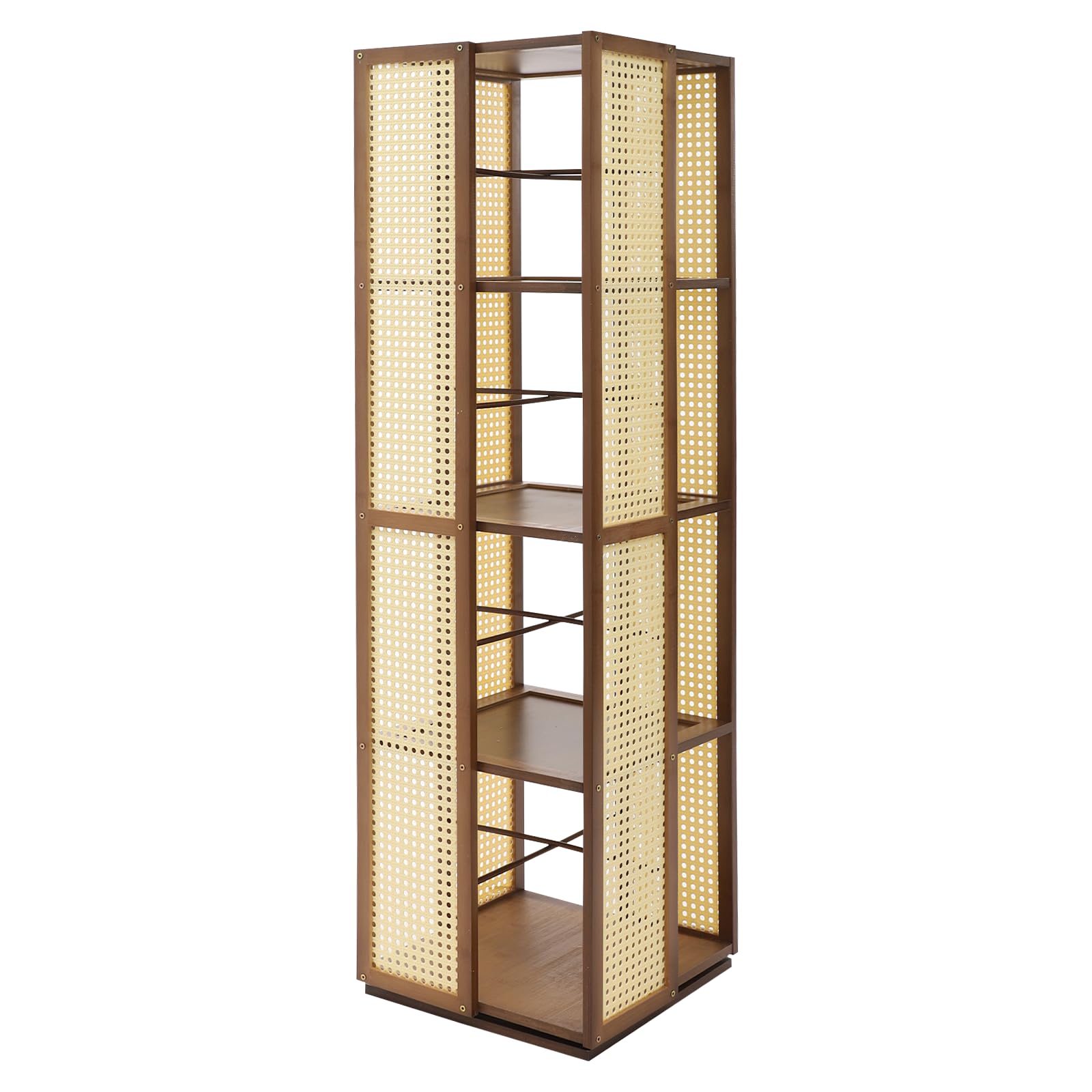 Estantería giratoria de 360° con placas perforadas, diseño de 4 niveles, distancia de 28,5 cm, bambú musgo, torre de libros, estantería giratoria de pie, salón, oficinas (marrón bronceado)