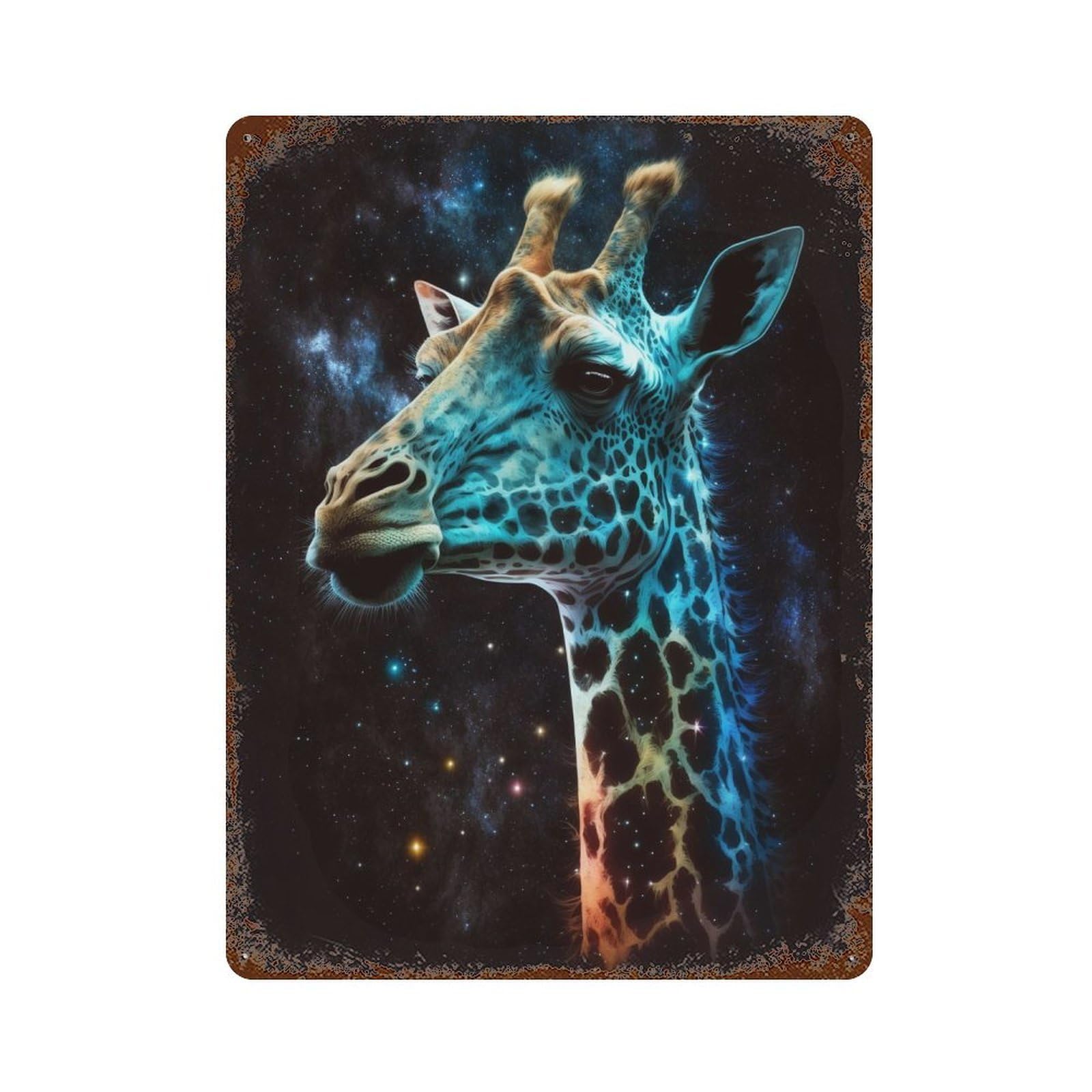 Giraffe in Space Art Print-5 15.7"x11.8" Vintage Rust Metal Sign, Shabby Chic Decor for Cafe, Home Bar And Lounge Decor