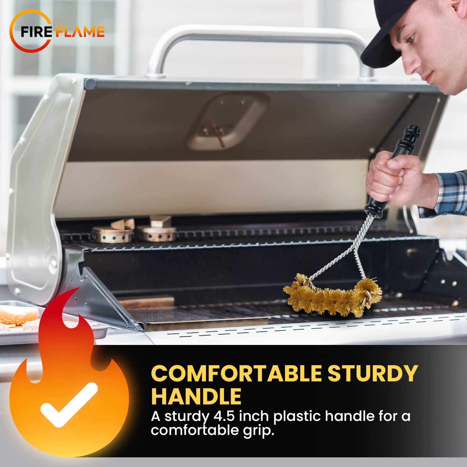 Fireflame - Spazzola per barbecue con setole in ottone antigraffio, manico lungo 30,5 cm, per la pulizia della griglia, a spirale larga e resistente, prodotta negli Stati Uniti