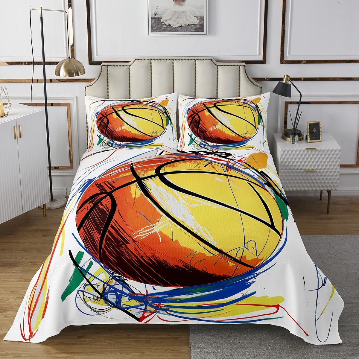 Homemissing Juego de colcha de baloncesto para niños, tamaño individual, juego de colcha deportiva para niños, adolescentes, decoración de regalo para amantes del baloncesto, jugador de baloncesto