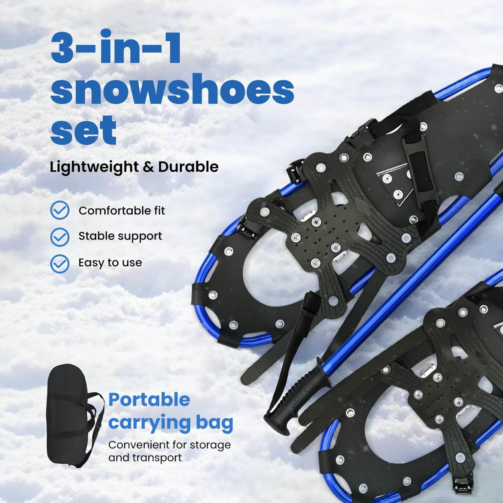 vidaXL Racchette da Neve 3 in 1 con bastoni da Trekking Blu e Nero, Ciaspole in Alluminio per Il Giardino, Attrezzatura Outdoor Regolabile, Accessori Moderni per Camminare sulla Neve