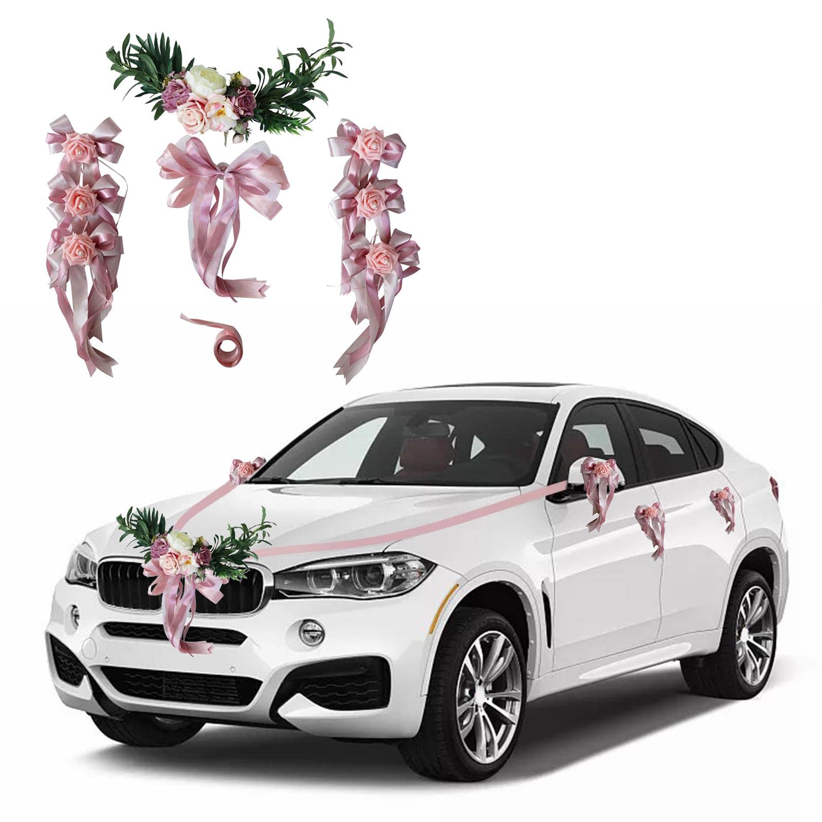 9 Stück Hochzeit Auto Dekorationen Set aus Künstlichen Blumen Schleifen Polyesterband Und Blumenteller für Festliche Autodekoration für