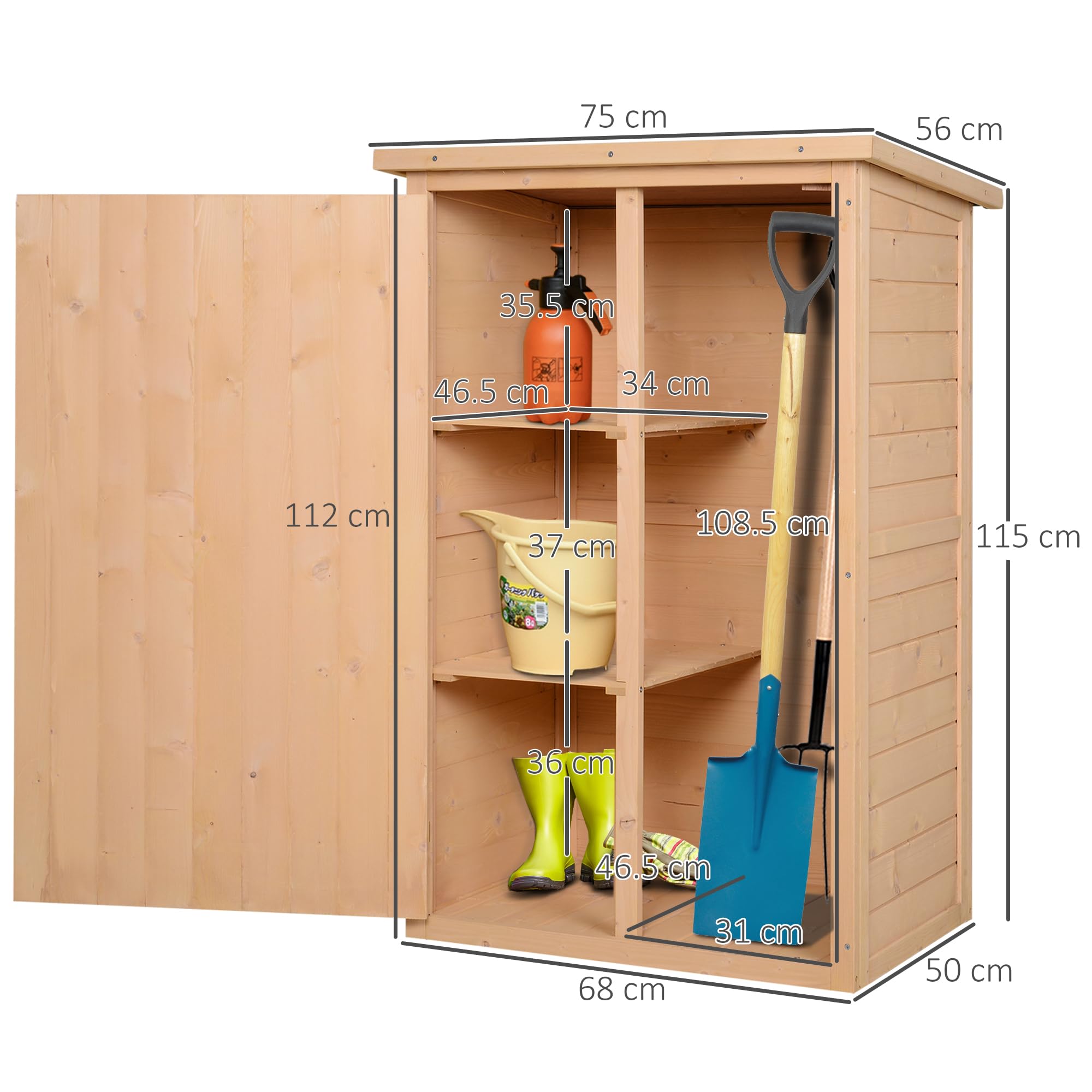 Outsunny Casetta da Giardino in Legno con Tetto Impermeabile, Armadio Porta Attrezzi da Esterno con 2 Mensole, 75x56x115cm, Colore Legno