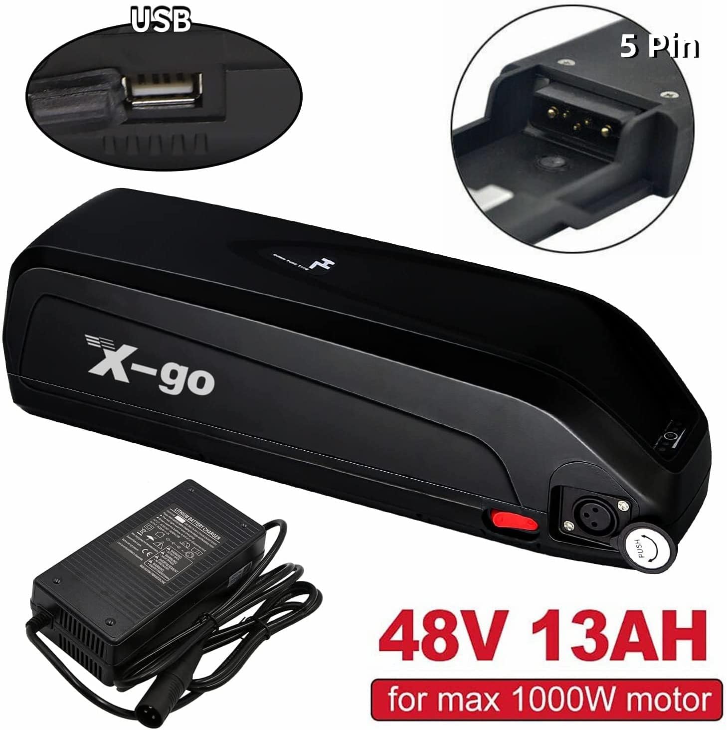 X-go Bateria Bicicleta Electrica 48V 36V/ 10AH 13AH 15AH con Cargador y Placa Base 4-Pin/5-Pin, Batería Ebike Li-Ion para Motor 50W-1000W