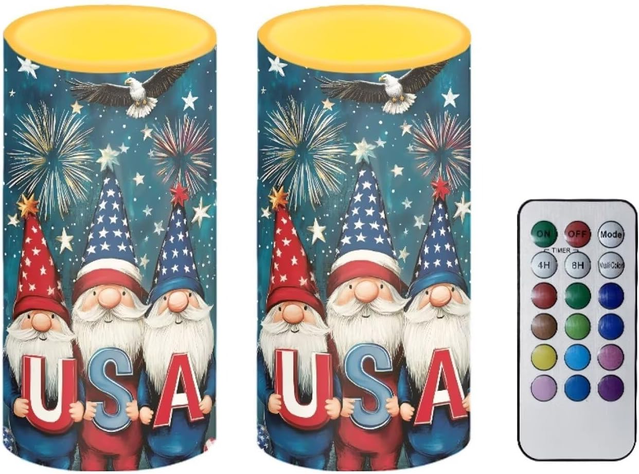 USA Flag Gnomes Battery Powered Candles with Remote and Timer Veterans Day Gifts Decorations LED Flameless Flickering Candles for Indoor Gifts Holiday Decor Home Party Festival Set of 2