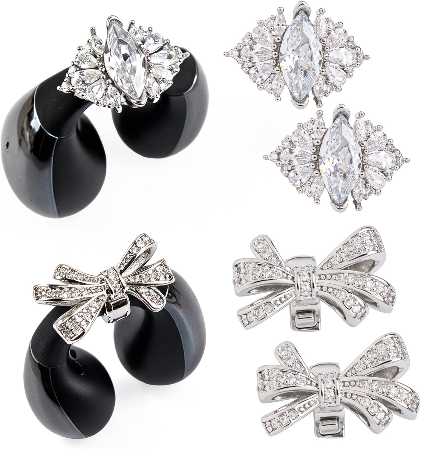 Butterfly Bow Crystal Clip on Earbuds Accessories, 4 Pack