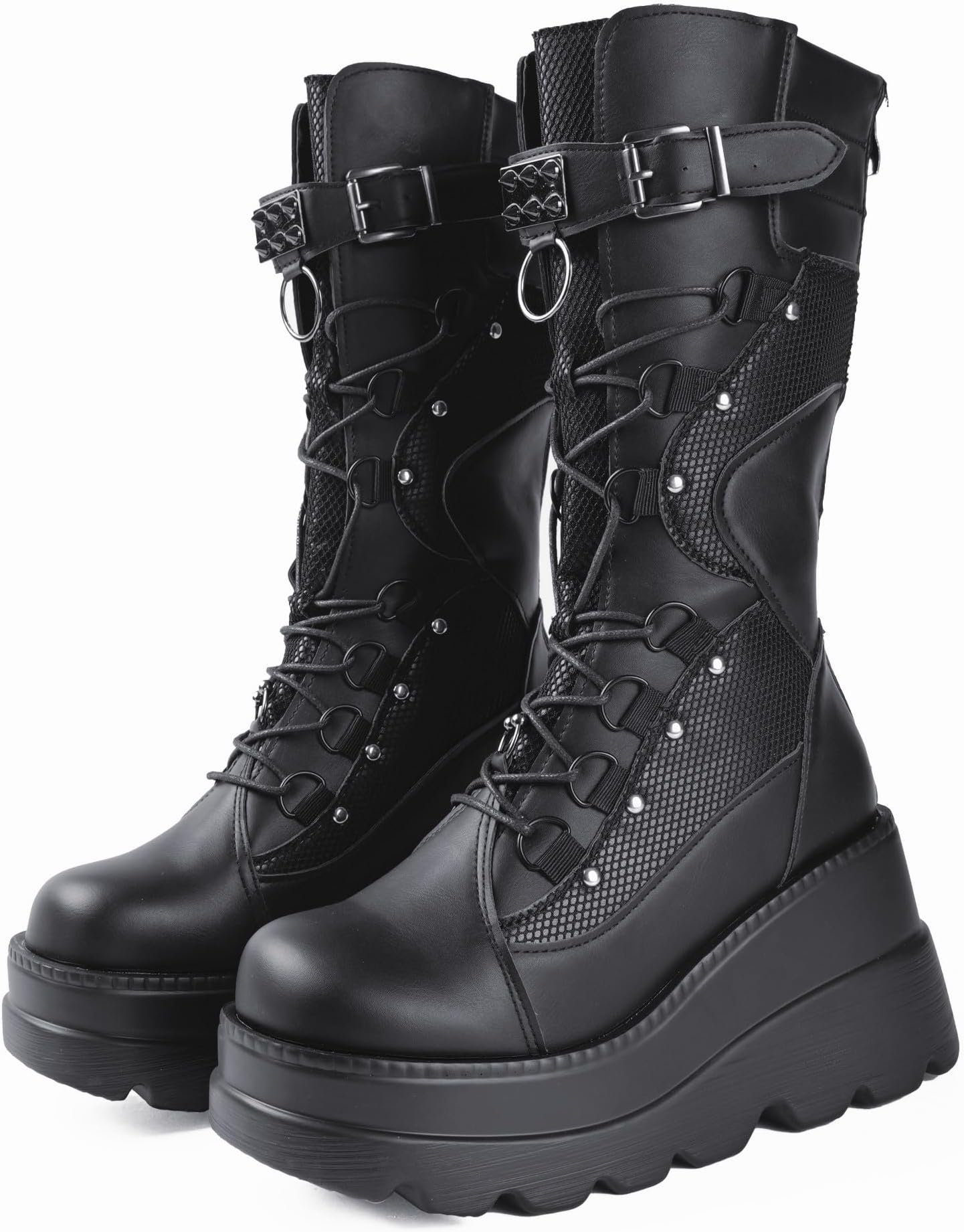 Gothniero High Platform Knee Boots Chunky Heel Wedge Black Boots For Women Combat Goth Punk Motorcycle Booties Zip up With Metal Buckles Size5-11