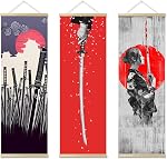 4PCS Japanese Wall Decor, Japanese Wall Art, Japanese Decor for Bedroom, Sumurai Armor Warrior Canvas Wall Decorations with Scroll Wood Framed, Sushi Restaurant Decor, 11''x35''