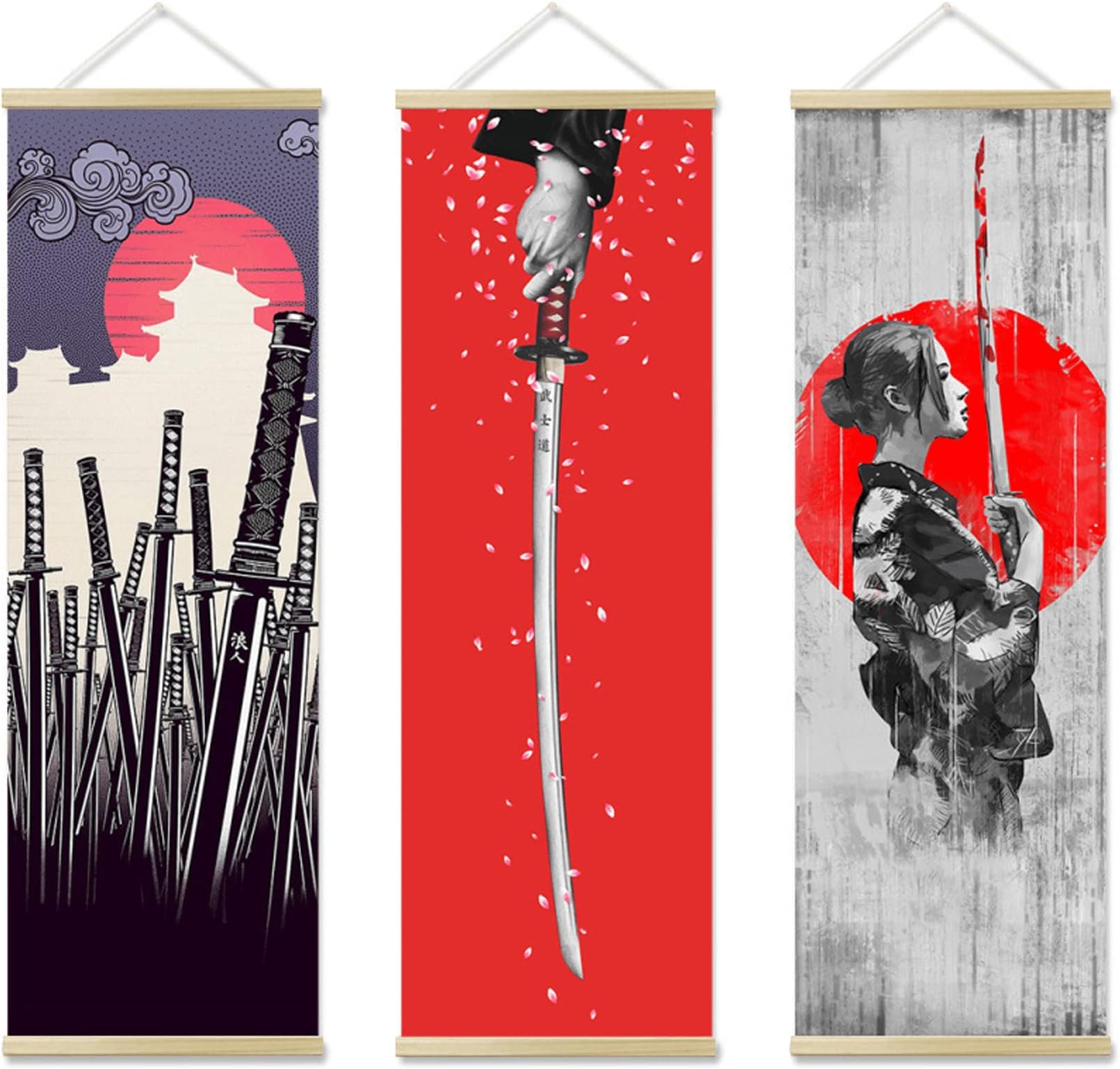 AWISBI Japanese Wall Art, Samurai Sword Canvas Scroll Set for Home Decor