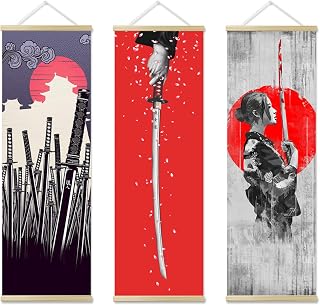 3PCS Japanese Wall Sword Decor, Wall Art, Home Decor for Bedroom, Samurai Armor Warrior Canvas Decorations With Scroll Wood Framed, Sushi Restaurant Decor, 11'' x35''