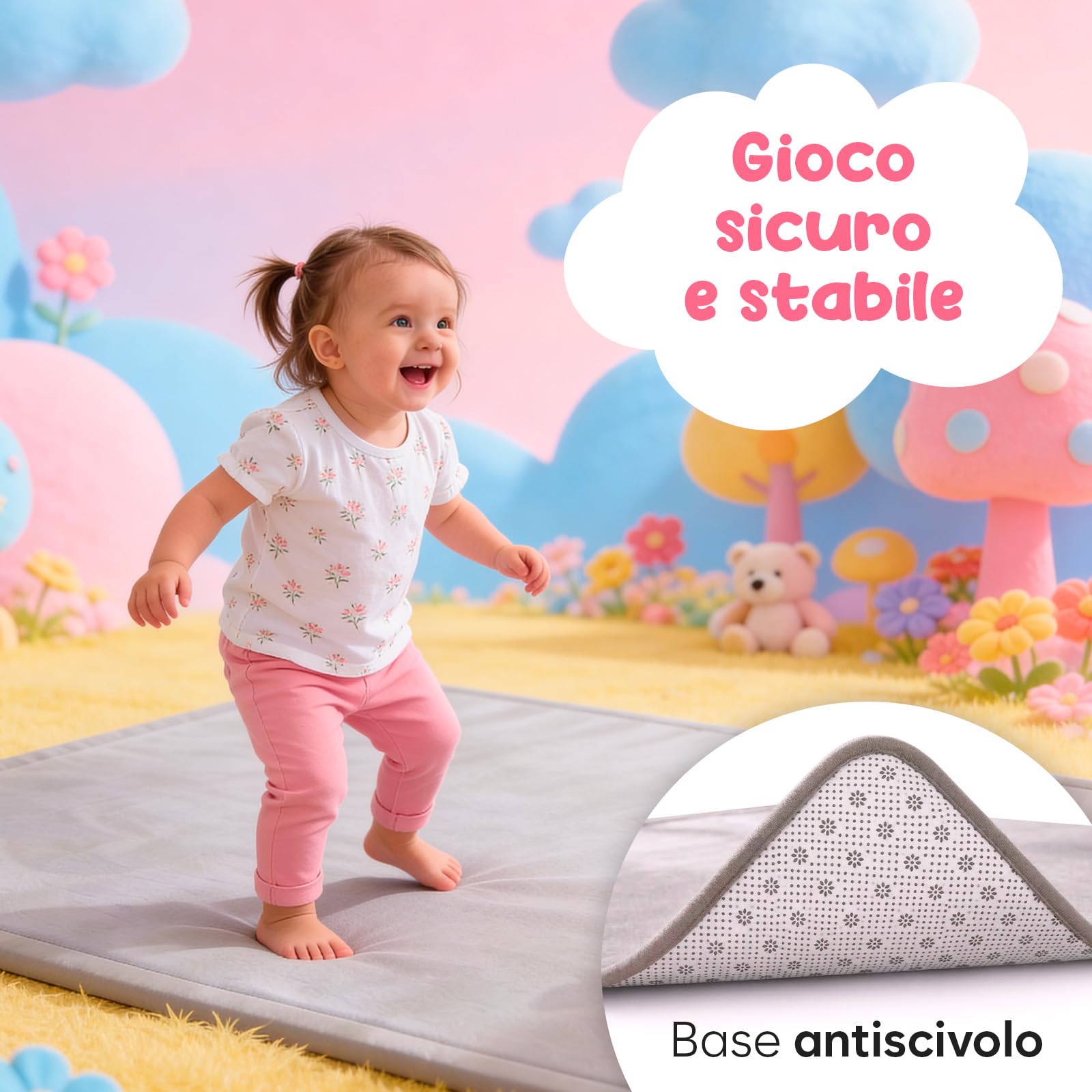 Tappeto Gioco Bambini 150x150 cm – Tappeto per Neonati in Memory Foam Spessa 3 cm – Non Tossico, Antiscivolo e Confortevole – per Attività e Gattonamento – Avec Maman