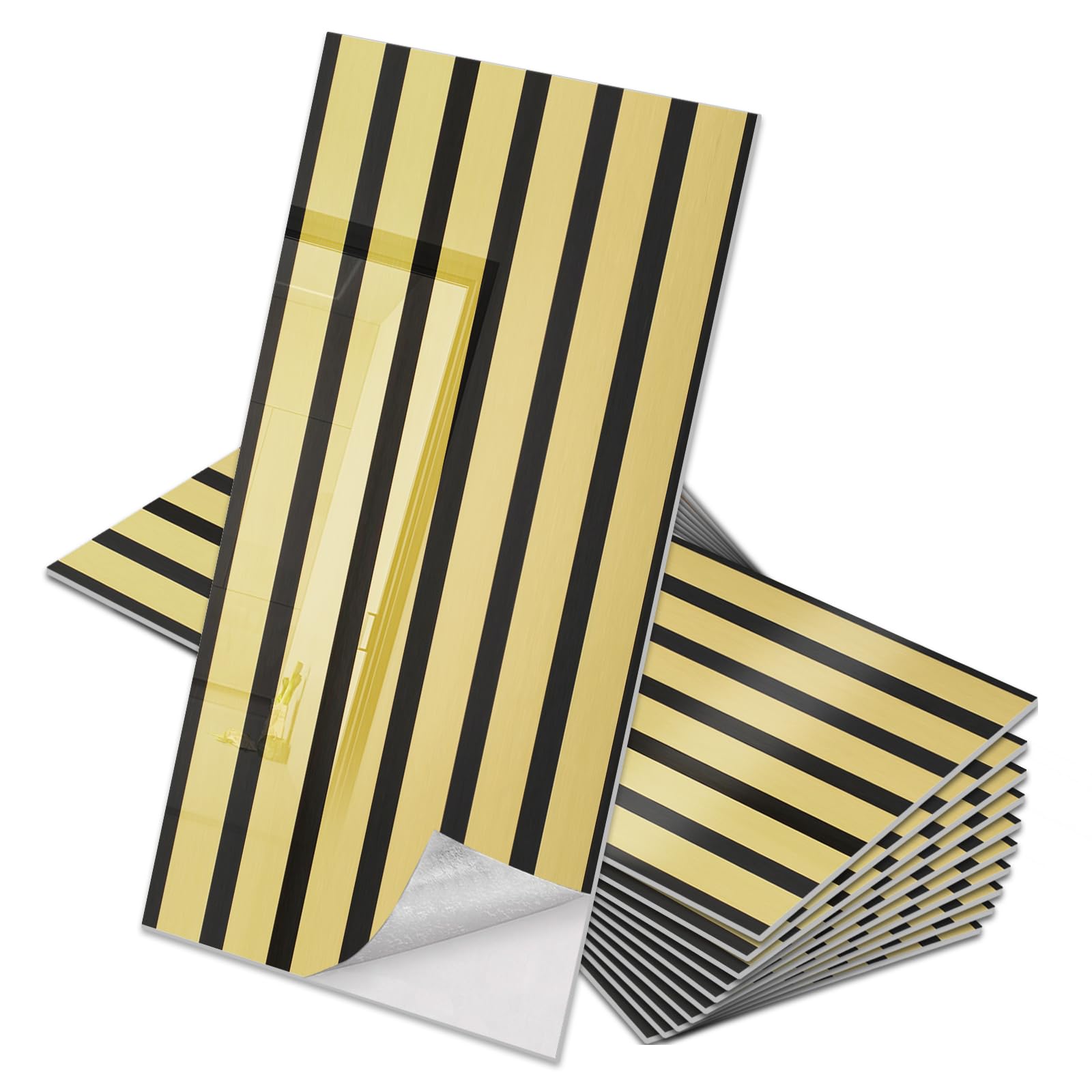 Pamatio Peel and Stick Wall Panels 20 Pcs Gold Mirror Effect PVC Wall Panels Decorative Self Adhesive Glossy Stripe Waterproof Stick on for Living Room Bedroom Accent Walls Feature,30x60 cm