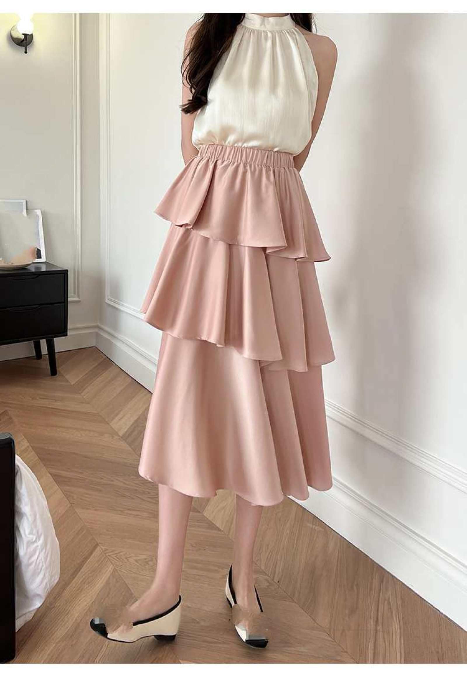 Jupe De Gâteau en Satin De Fibre De Vinaigre Taille Haute pour Femme - Été Polyvalent Couleur Unie Taille Élastique Jupe Mi-Longue Petite Jupe À Volants Irrégulier Une Ligne Jupe Longue,