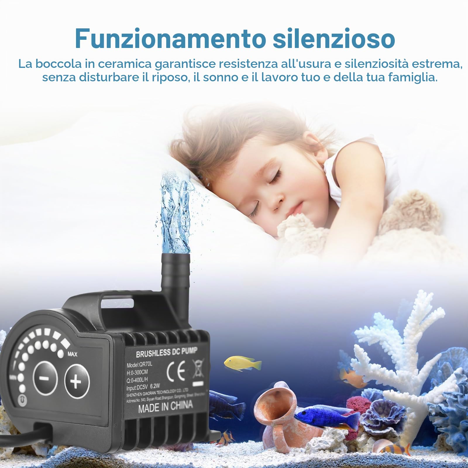 Buachois Pompa Acqua Elettrica,Mini Pompa Sommergibile Portatile da 5V, Regolazione della velocità a 8 Livelli Pompa per Fontana Piccola Portata Massima 600 L/H con Cavo USB da 2 m e (QR70L)