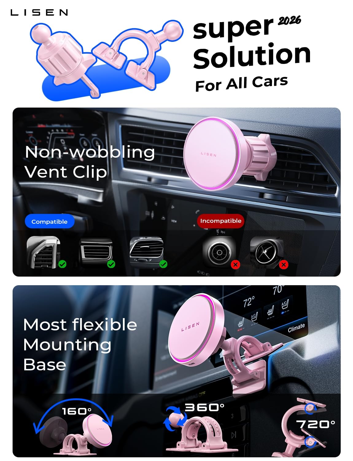 LISEN 15W MagSafe Car Mount Charger Phone 18,[Light Pink] Magnetic Wireless Car Charger, Dashboard & Air Vent Car Phone Holder Mount for iPhone 17-12, Samsung, Pixel, Cute Car Accessories for Women view 6