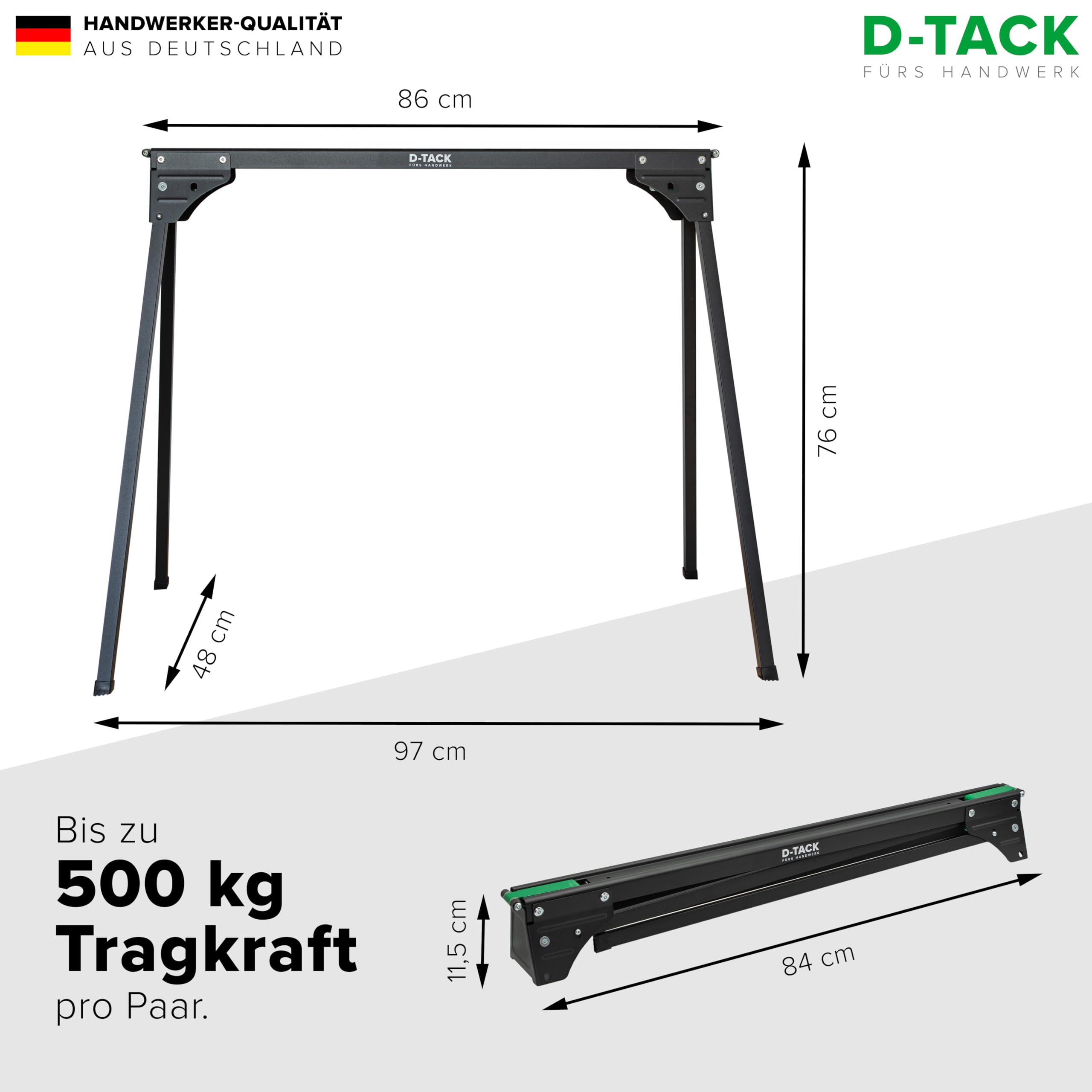 D-Tack 2x Arbeitsbock klappbar | Hochwertiger Sägebock aus Stahl | Faltbock mit einer Tragkraft bis zu 500 kg pro Paar | Klappbock für Baustelle, Werkstatt & Heimwerken
