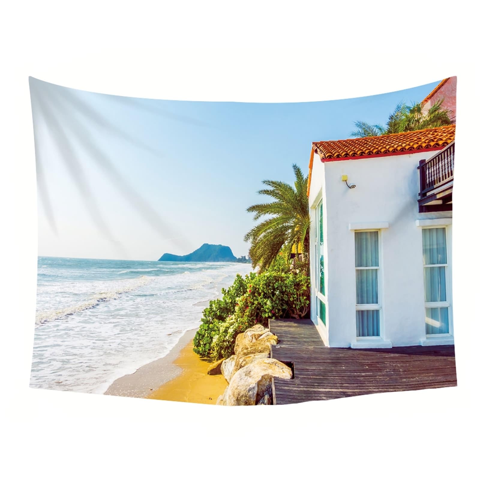 Wandtuch Landschaft Natur XXL, Wandteppich Meeresufer Villa Landschaft Wandteppiche XXL Polyester Accessoires für Wohnzimmer Wanddeko, Hellblau Grün, 300x256cm