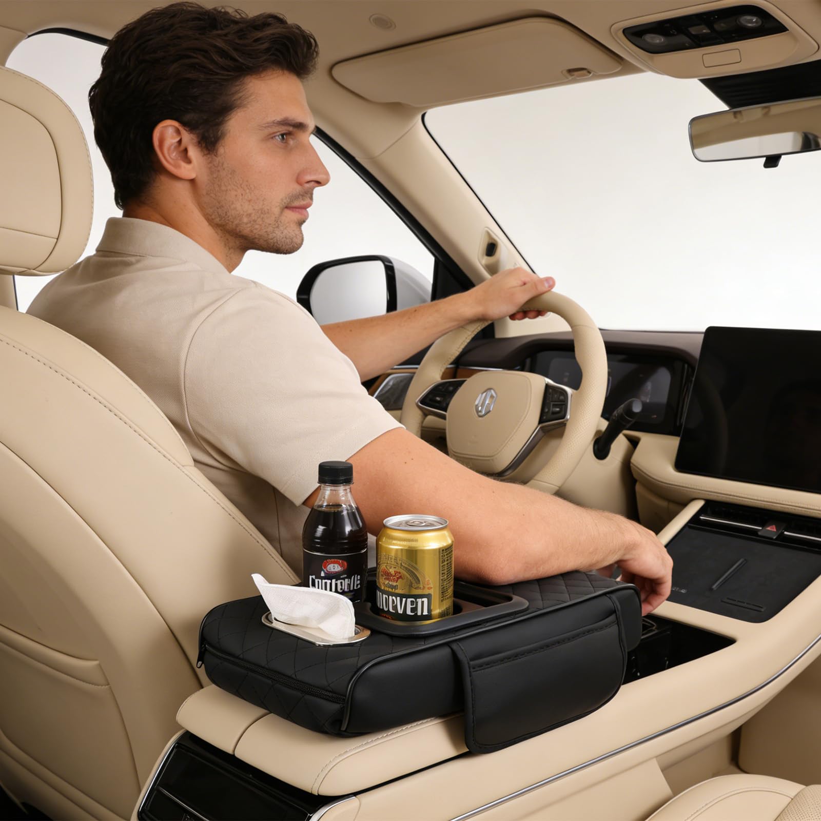 Coussin d’accoudoir de Voiture Universel Multifonction,Housse Console Centrale avec Poches et Porte-gobelet – rehausseur en Mousse mémoire,Cuir synthétique PU,pour Voitures,SUV,camions (Noir)