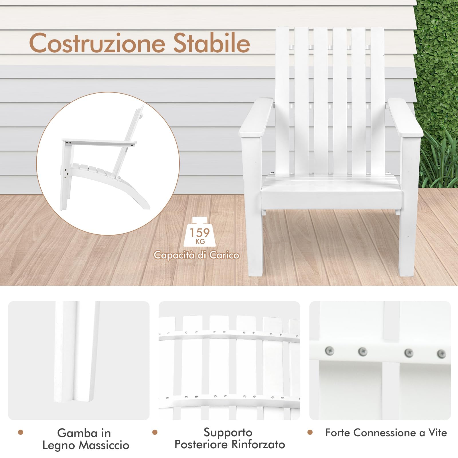 COSTWAY Sedia Adirondack Giardino in Legno, Portata 160 kg (Bianco)