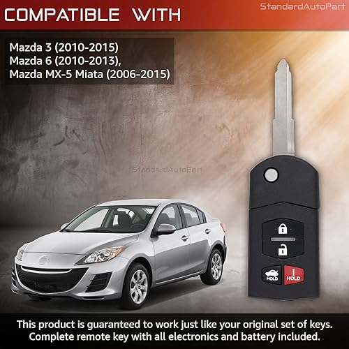 Miniatura 4 de StandardAutoPart Llave de repuesto con control remoto sin llave compatible con Mazda 3 6 MX-5 Miata Flip Key BGBX1T478SKE125-01 (unidad completa)